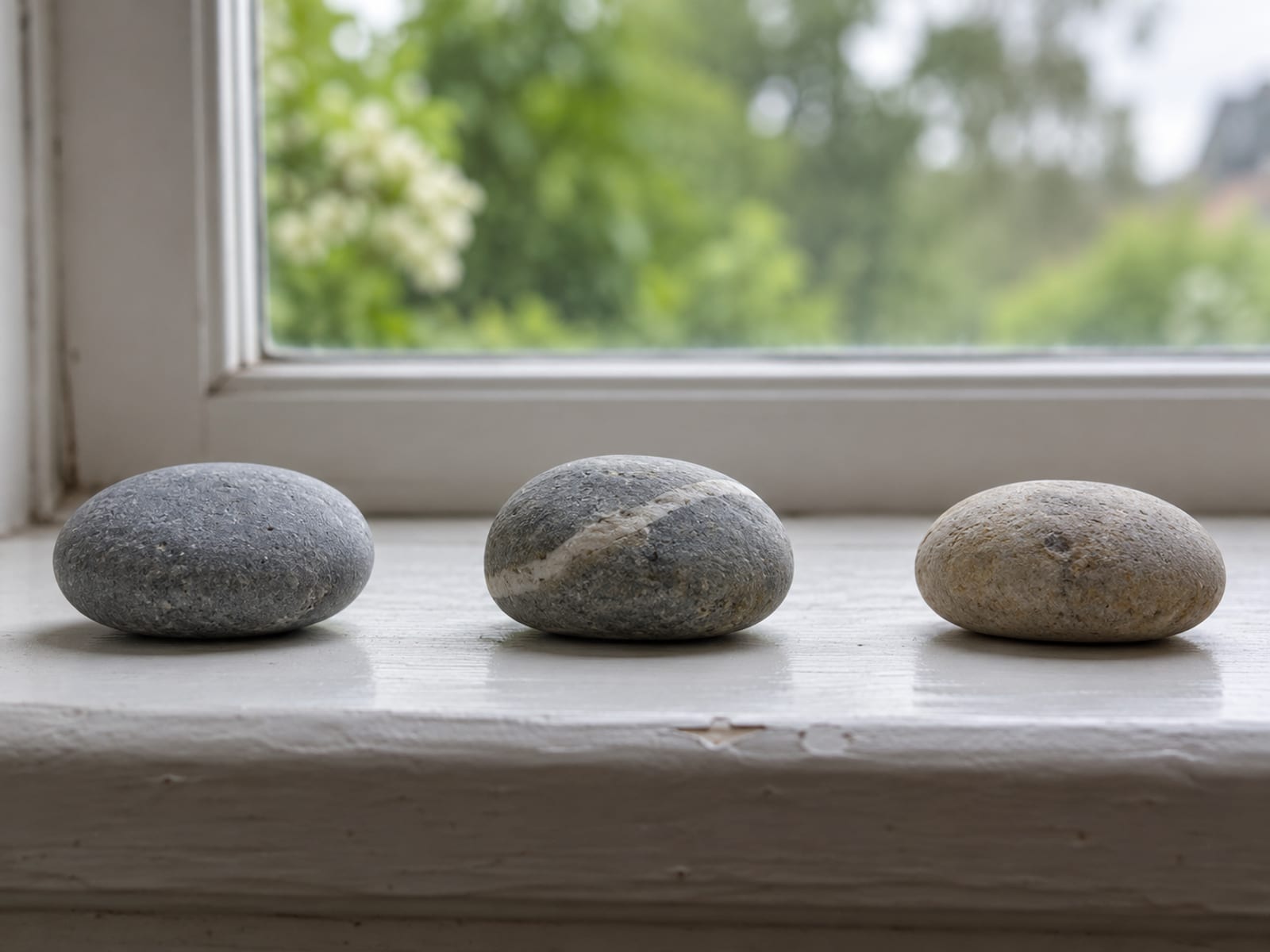 Three smooth grey stones spaced apart on a white windowsill, none touching, with soft daylight from the window behind.