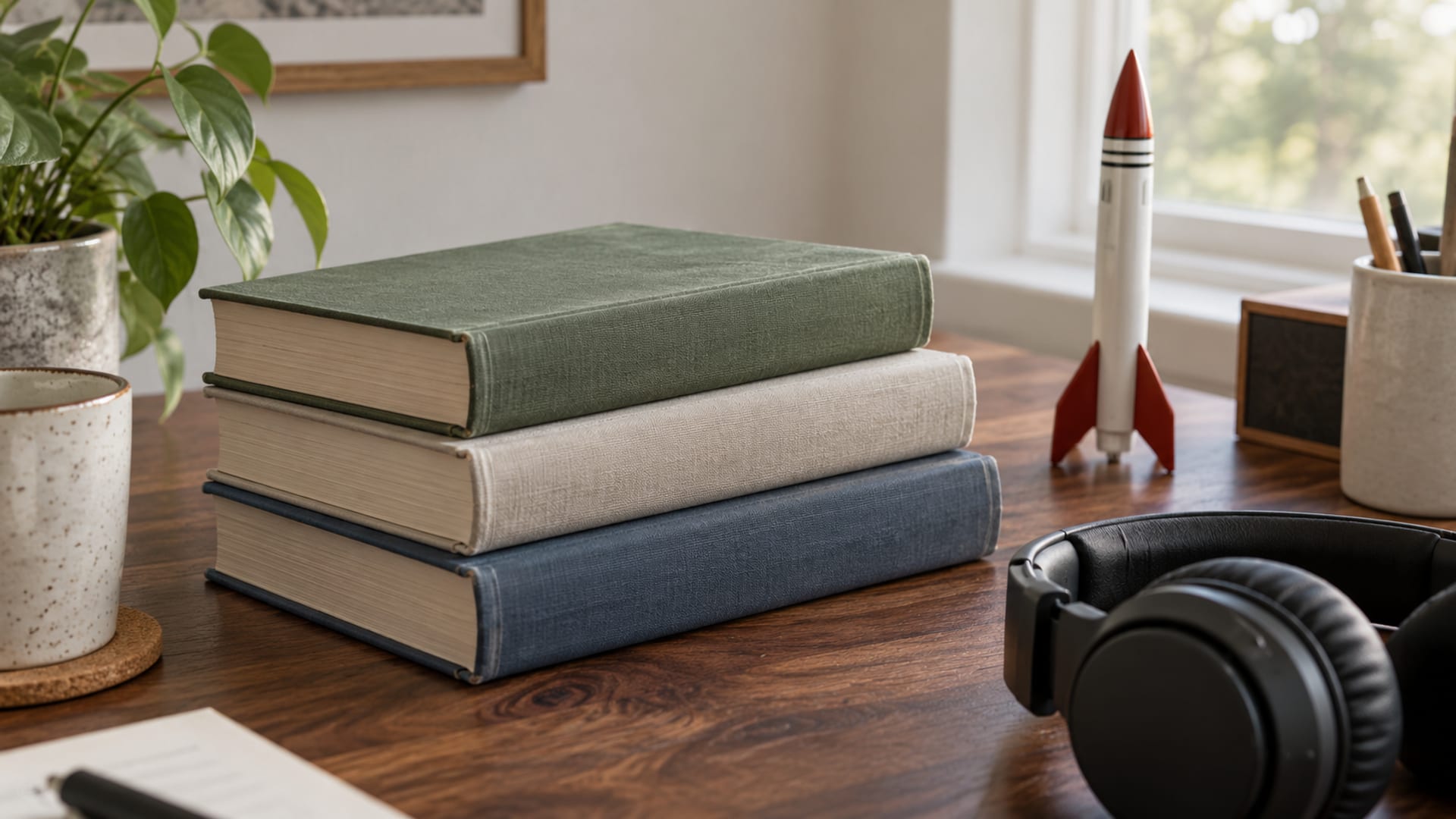 Three plain hardback books in muted green, oatmeal and slate stacked on a walnut desk beside a small model rocket and a pair of over-ear headphones.