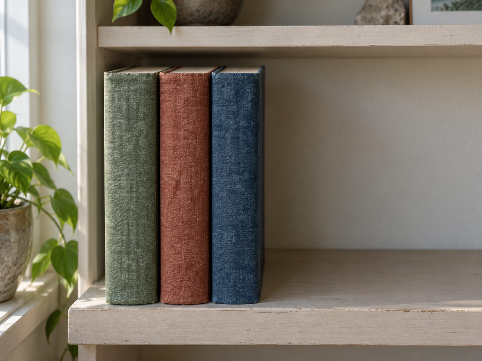 Three plain unlettered books standing in a short row on a wooden shelf with an empty gap left at the end of the row.