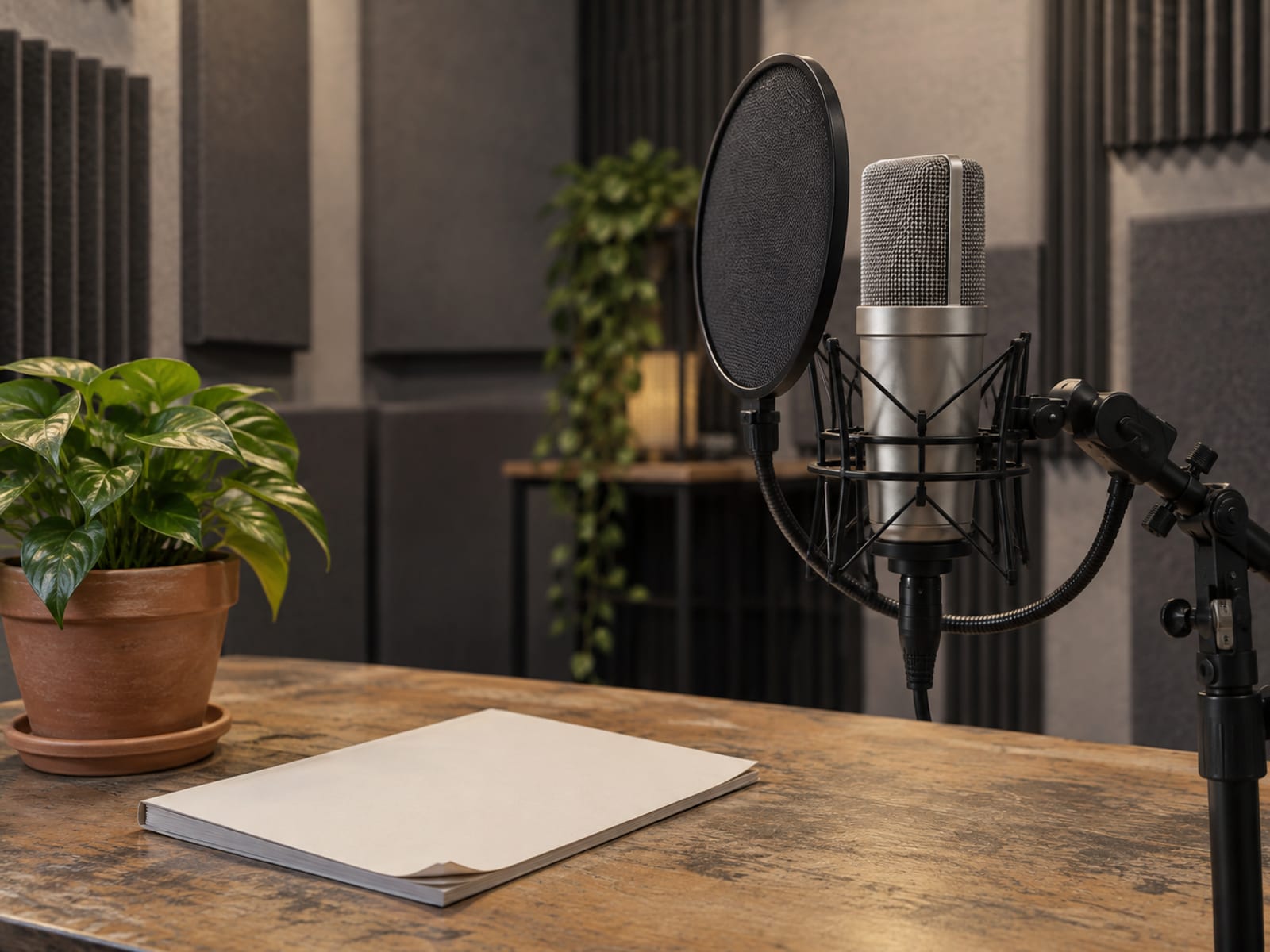 A microphone on a stand in a small recording booth, with a small potted plant and a closed plain script on the desk beside it.