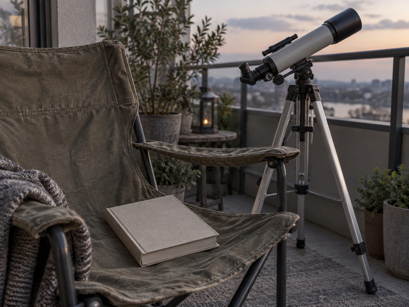 A plain hardback book lying on a folding camp chair next to a telescope on a balcony in dim neutral evening light.