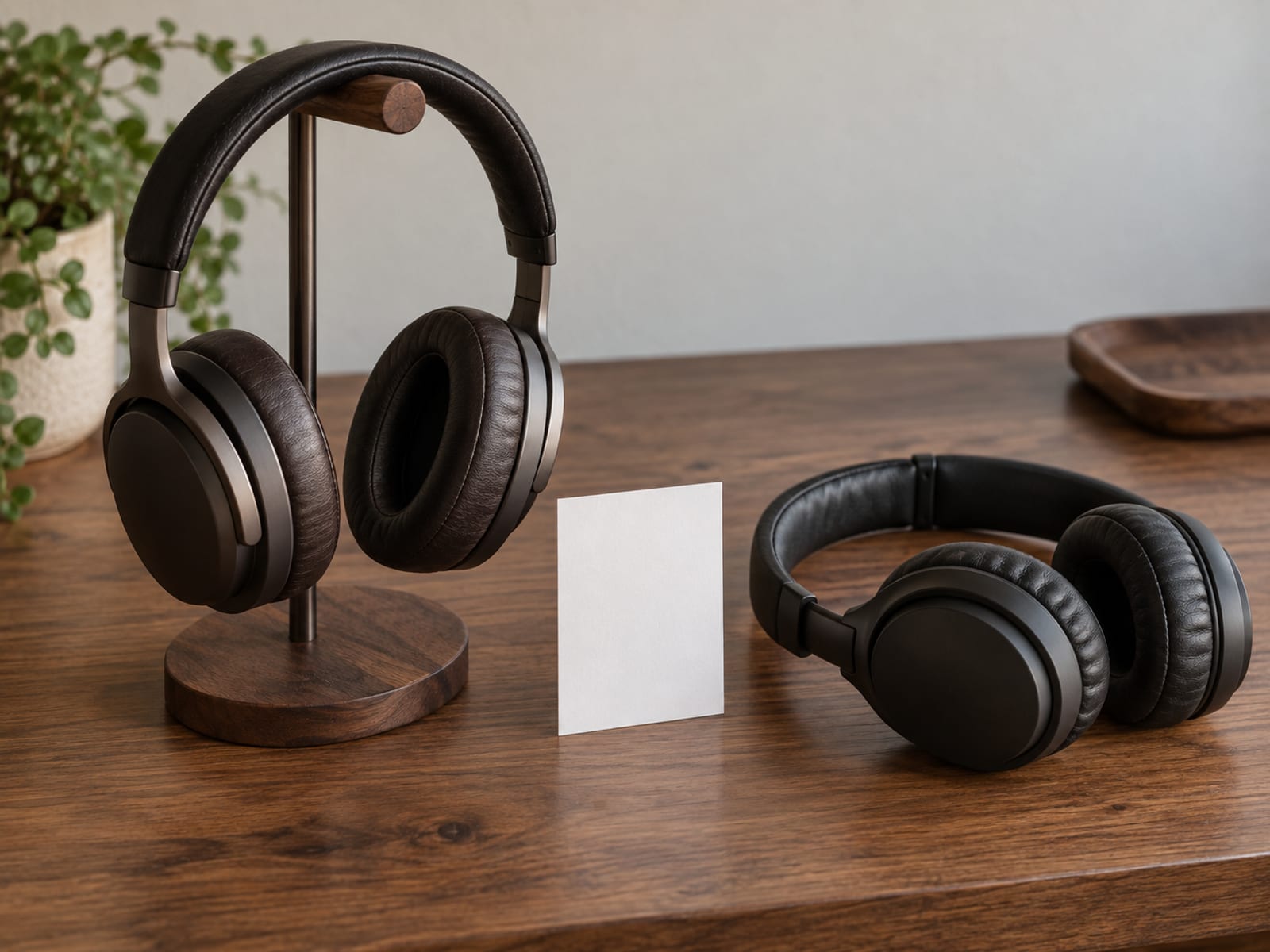 Two pairs of headphones on a wooden table, one hanging on a stand and one lying flat, with a small blank card between them