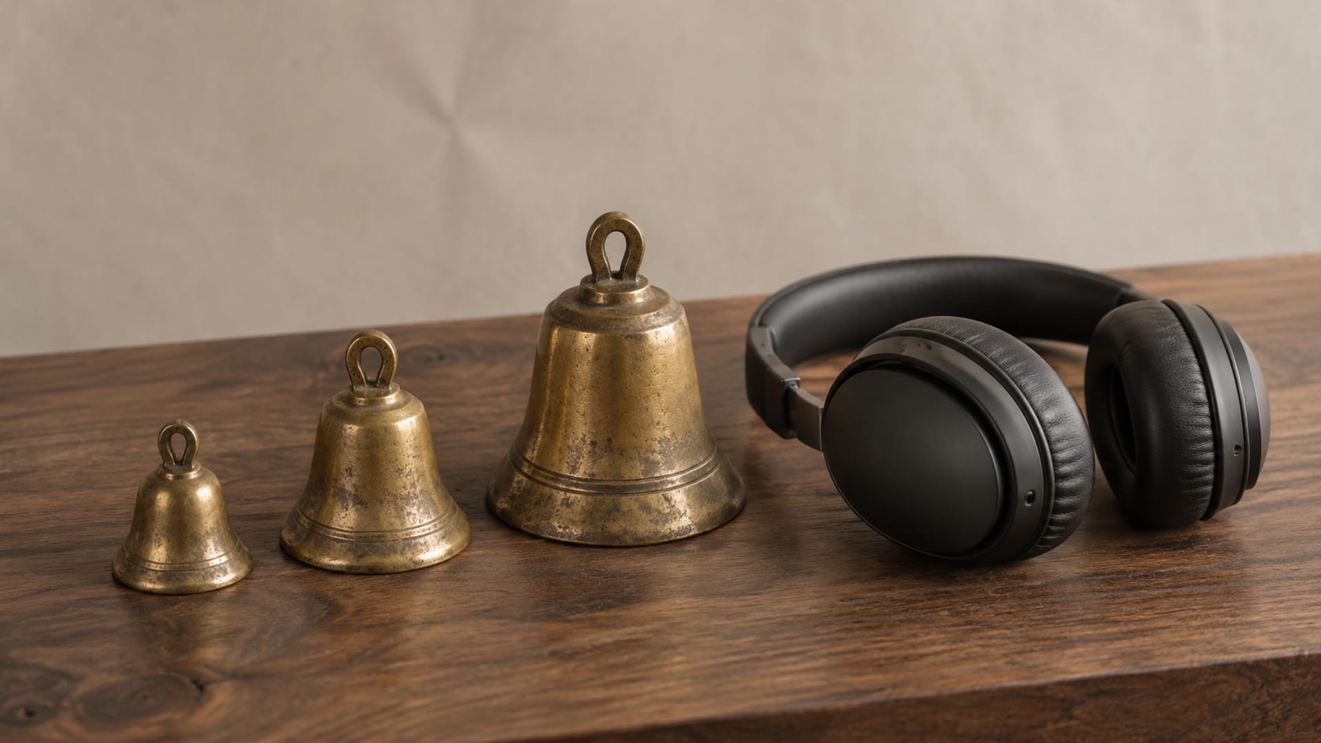 Three small brass bells of different sizes on a wooden table beside a pair of over-ear headphones, against a plain paper backdrop