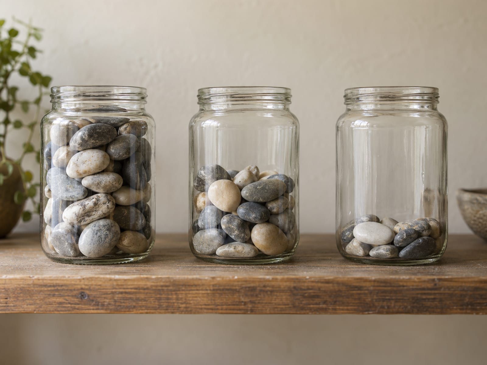 Three clear glass jars on a wooden shelf, each filled with a different amount of smooth pebbles