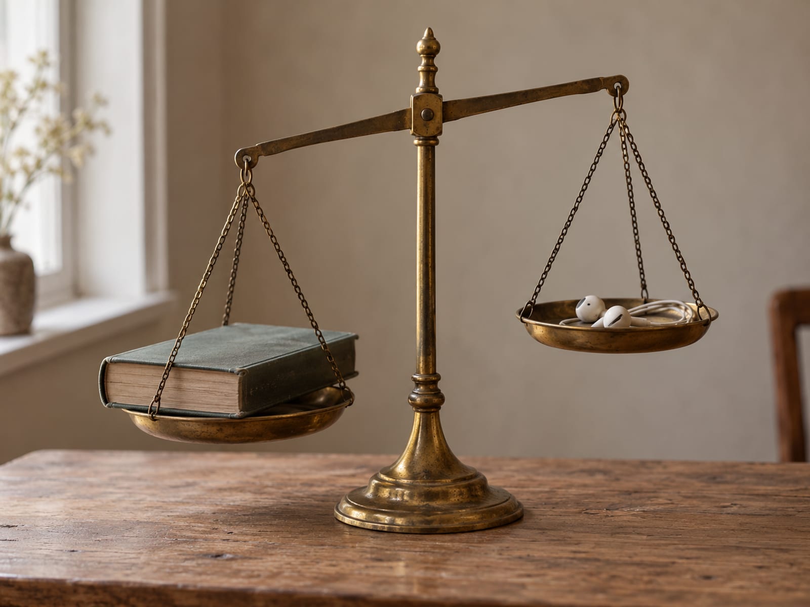 A brass balance scale with a plain book on one pan and a pair of earbuds on the other, the book side sitting slightly lower