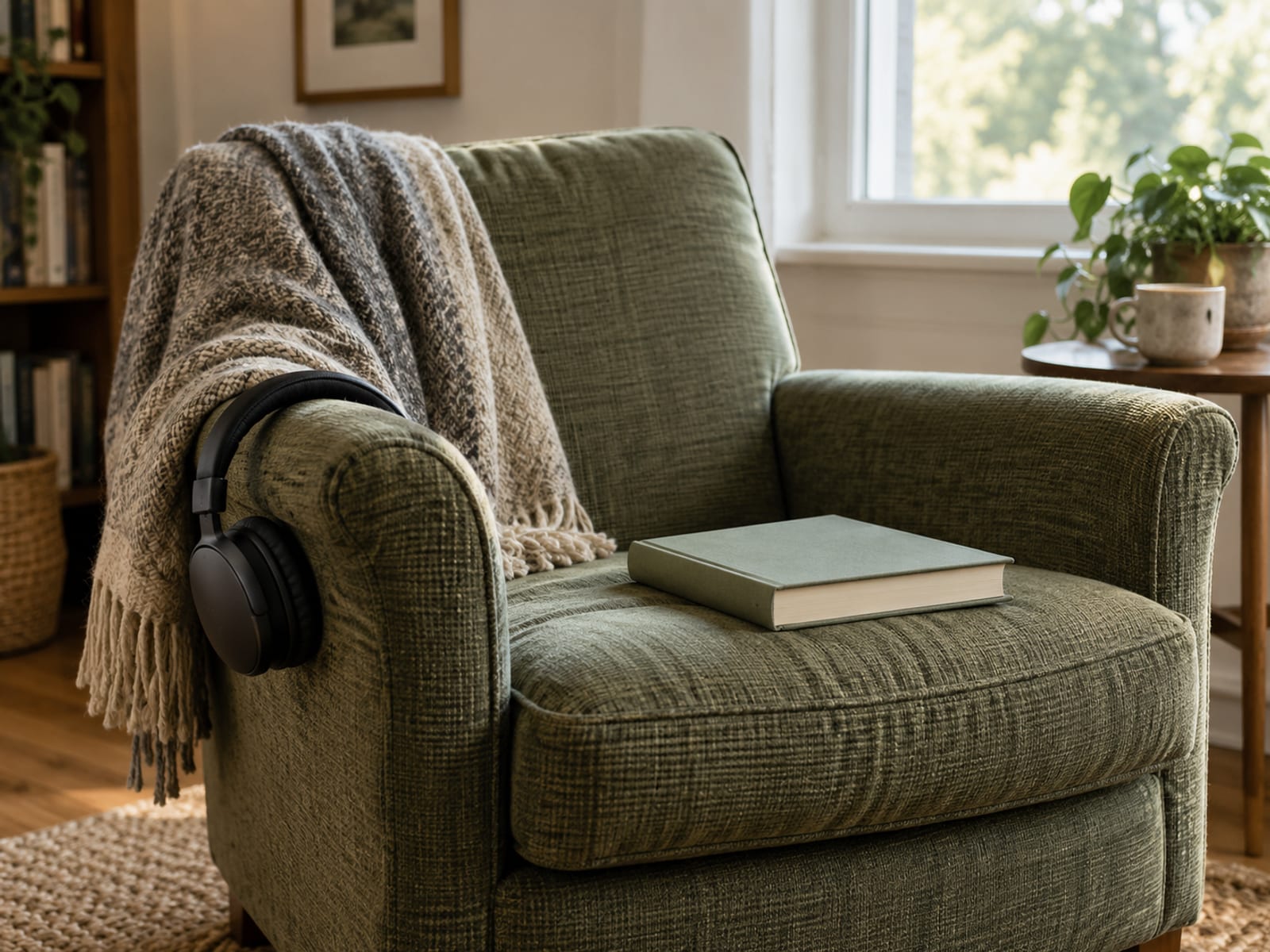 A comfortable armchair with a pair of headphones draped over one arm and a closed plain book resting on the seat