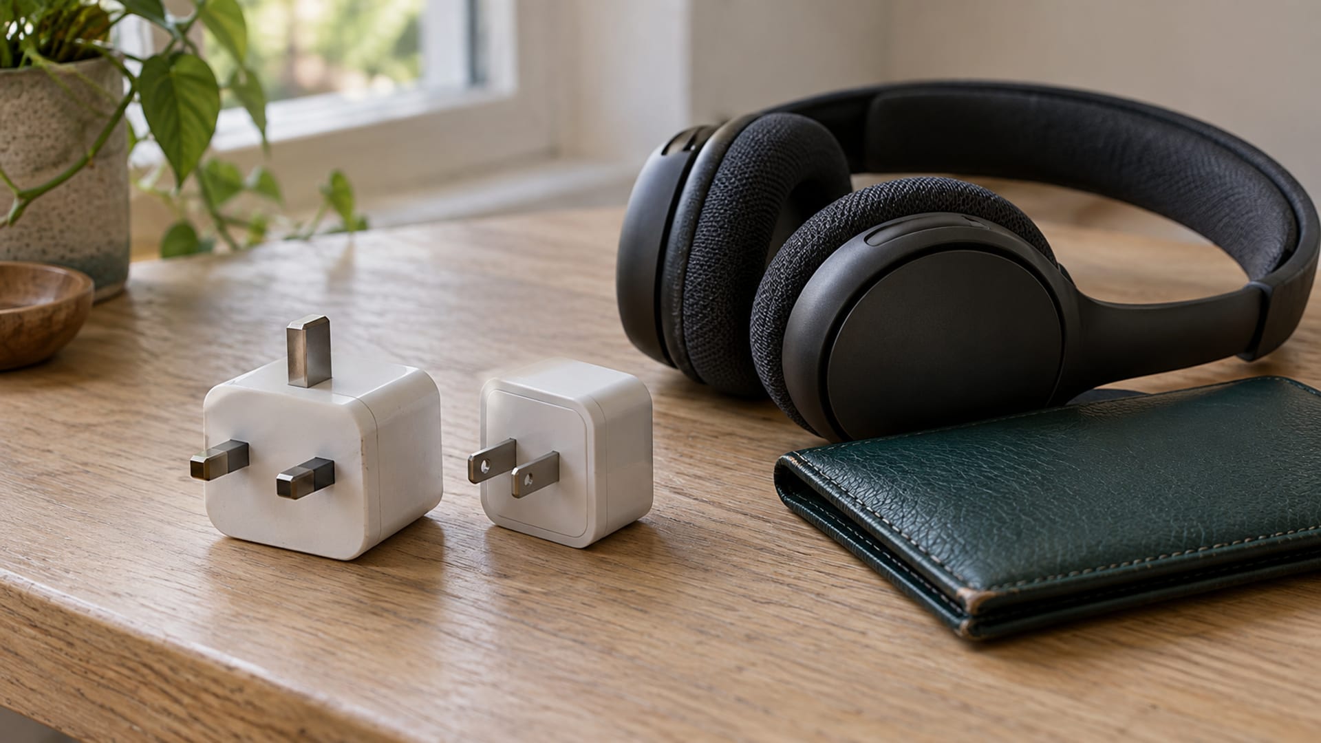 A UK style plug adaptor and a US style plug adaptor lie side by side next to a pair of headphones on a plain leather wallet.