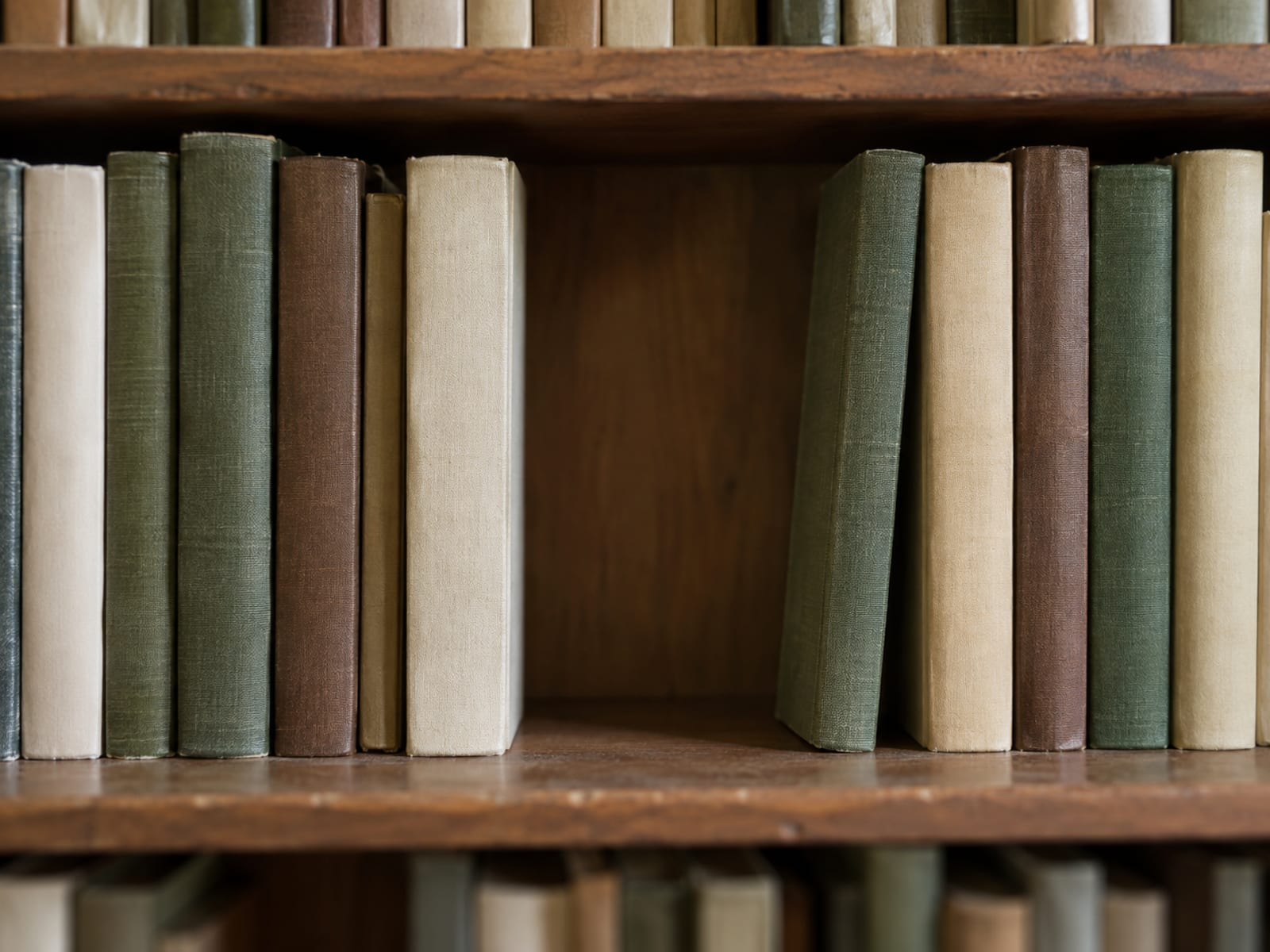 A bookshelf holds a full row of plain unlettered book spines with one clear empty gap in the middle.