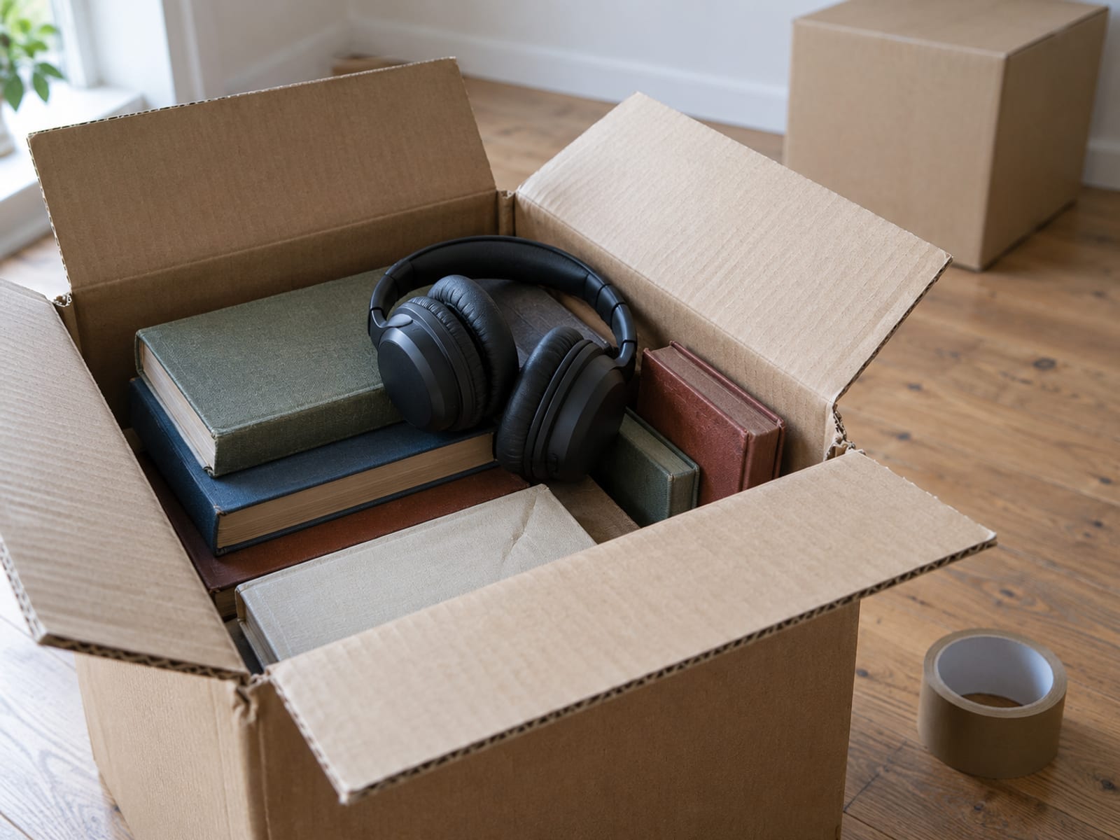 A packed cardboard moving box has plain books and headphones on top, with a roll of tape beside it on the floor.