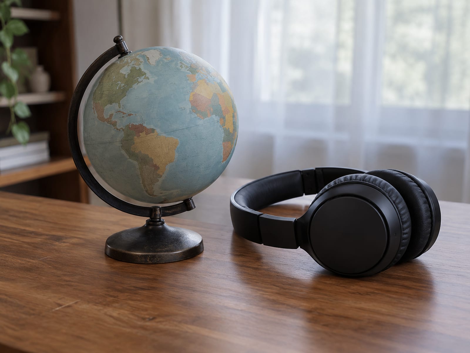 A small desk globe stands beside a pair of over-ear headphones on a wooden desk in soft window light.