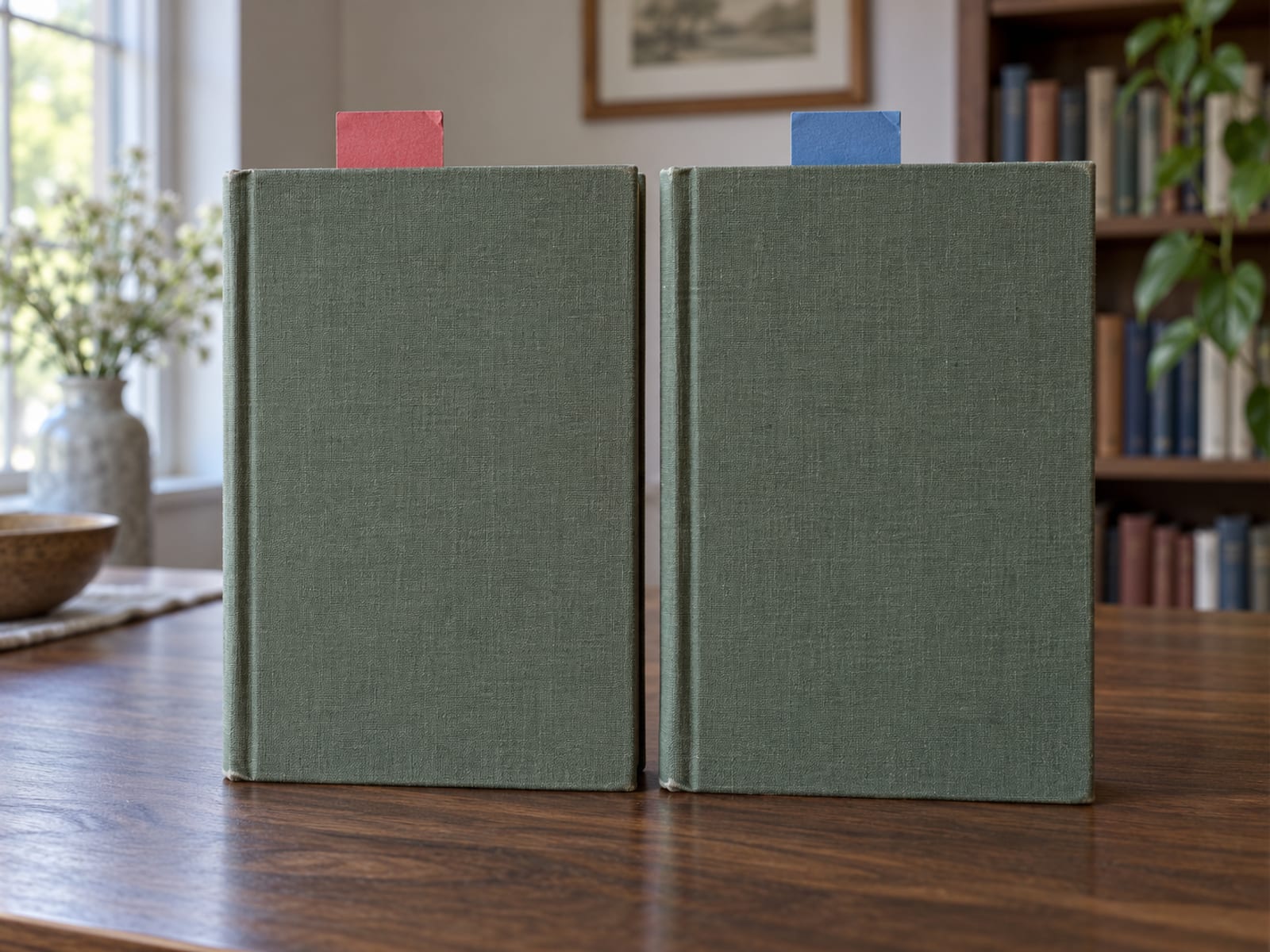 Two identical plain hardback books sit side by side on a table, one with a small blank red tag and the other with a small blank blue tag.