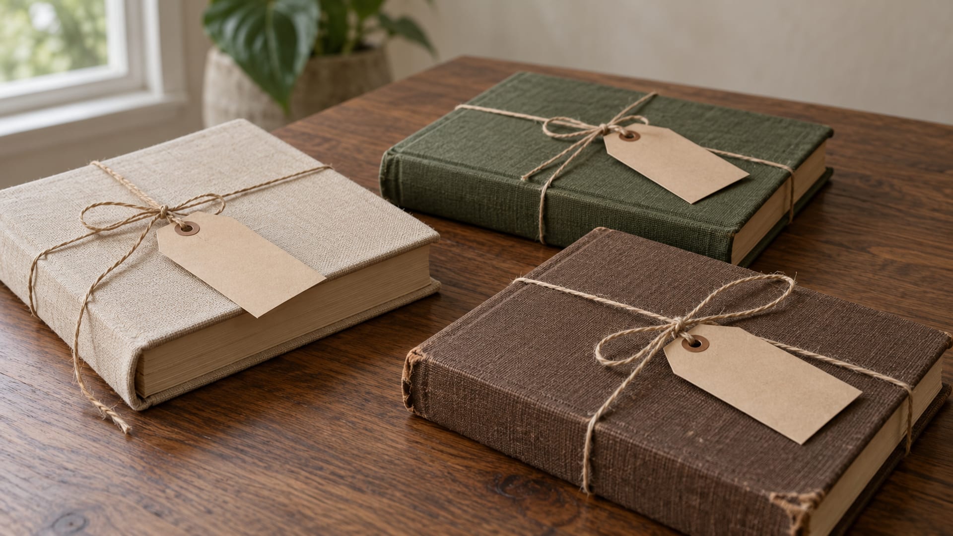Three plain hardback books lying on a wooden table, each with a blank paper shipping tag tied to it by a string.
