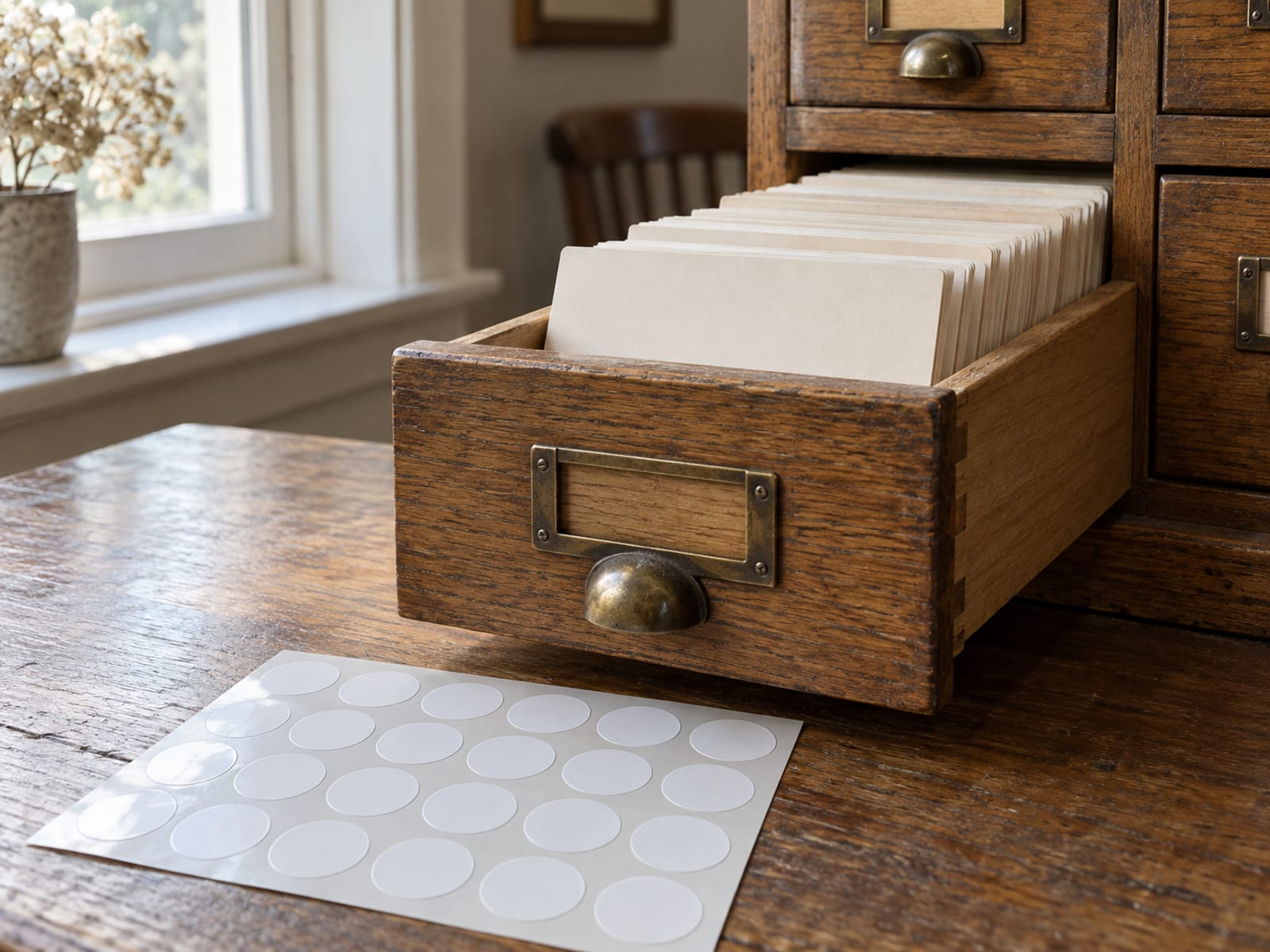 An open wooden card catalogue drawer filled with blank cards, with a sheet of blank round stickers lying beside it.