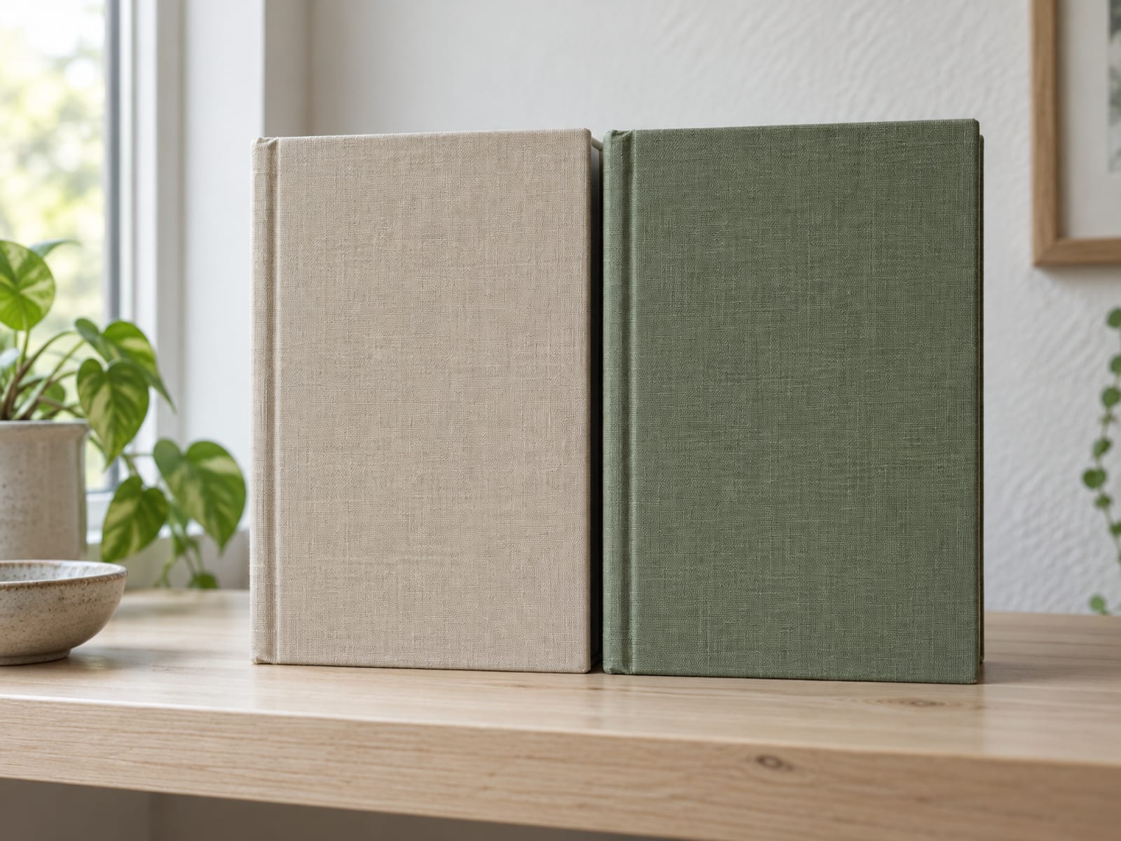 Two plain hardback books of the same size standing side by side, one in oatmeal cloth and one in muted green cloth, with unlettered spines.