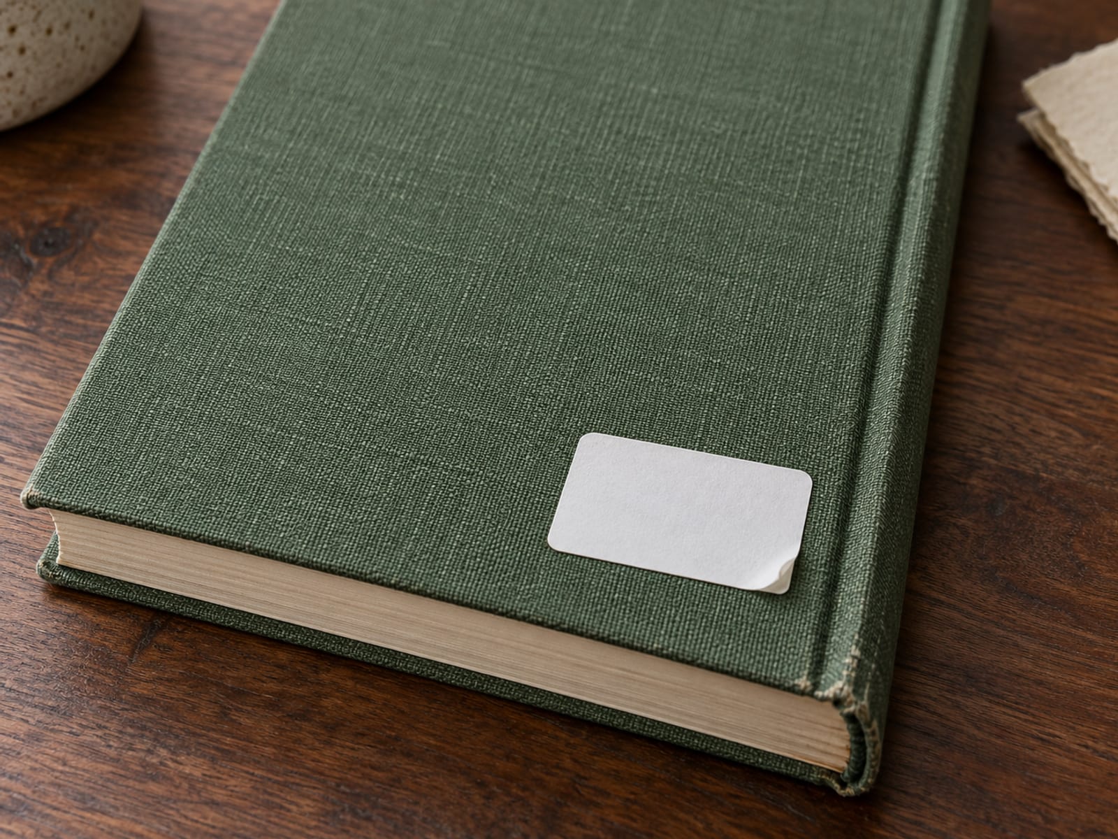 Close-up of the back cover of a closed plain cloth hardback with a small blank white adhesive label stuck near the lower corner.