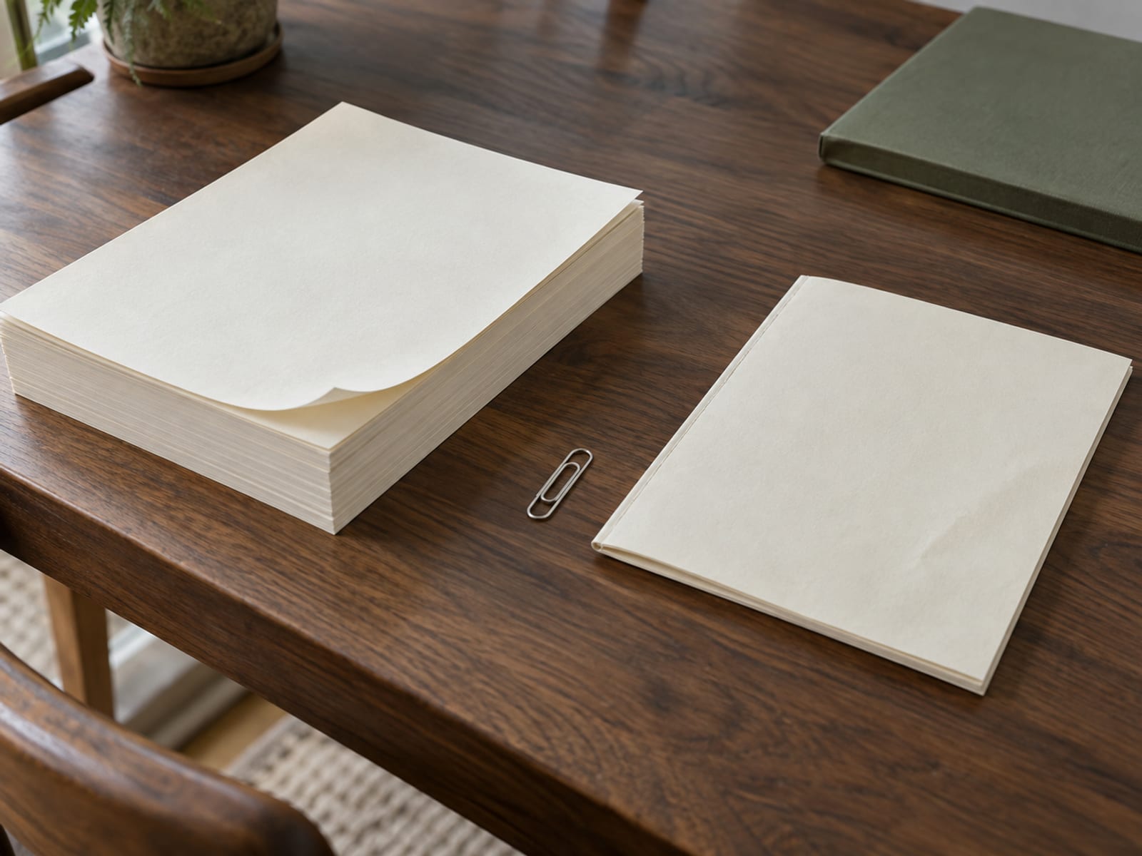 A thick stack of plain manuscript pages beside a thin bound booklet on a wooden desk, with a paperclip lying between them.