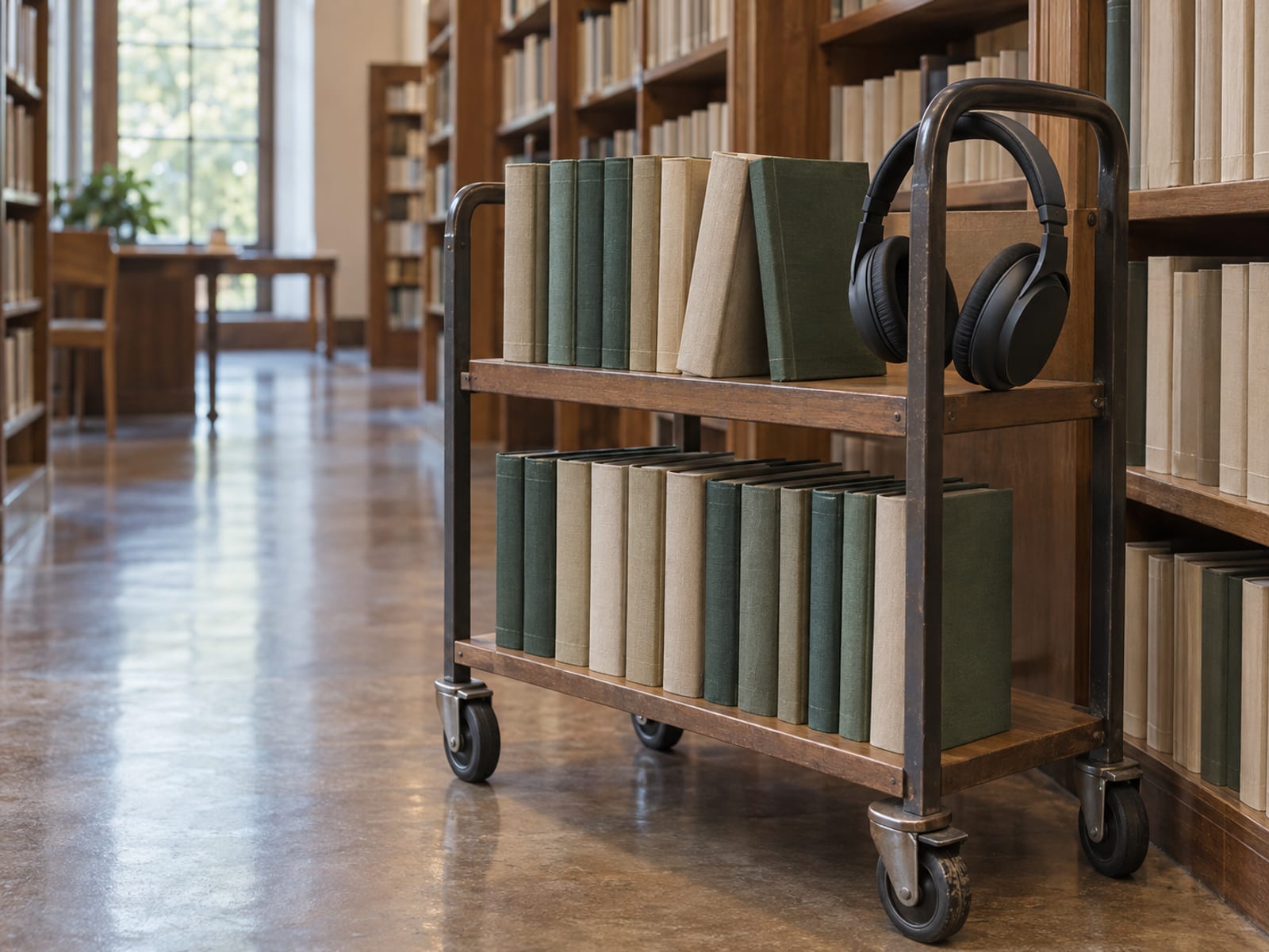 A library return trolley holding plain unlabelled hardback books, with a pair of generic headphones hanging from its handle.