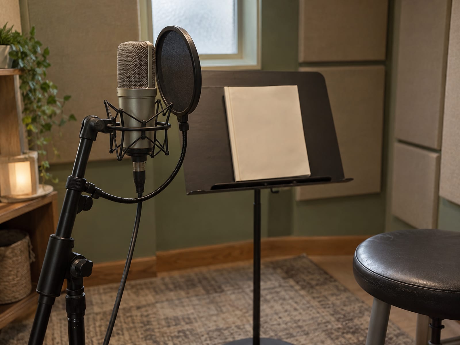 An empty narration booth with a microphone behind a round pop filter and a music stand holding a closed plain manuscript.