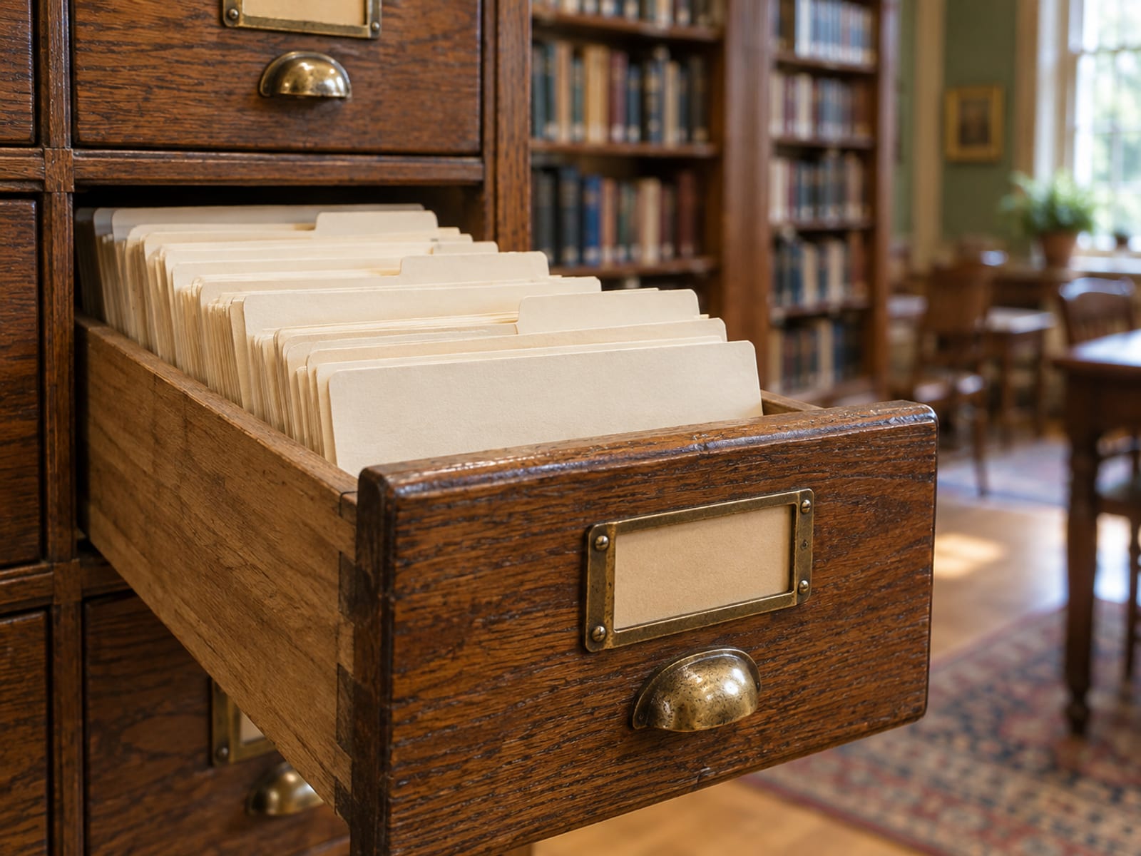 A wooden card catalogue drawer pulled open showing rows of blank cream cards in a quiet library.