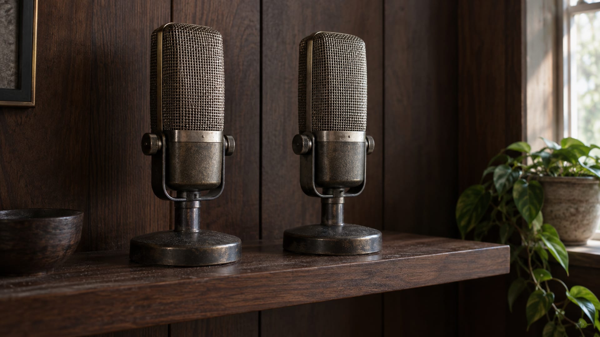 Two matching vintage ribbon microphones standing on a wooden shelf against a dark wood panel, the left one in soft shadow.