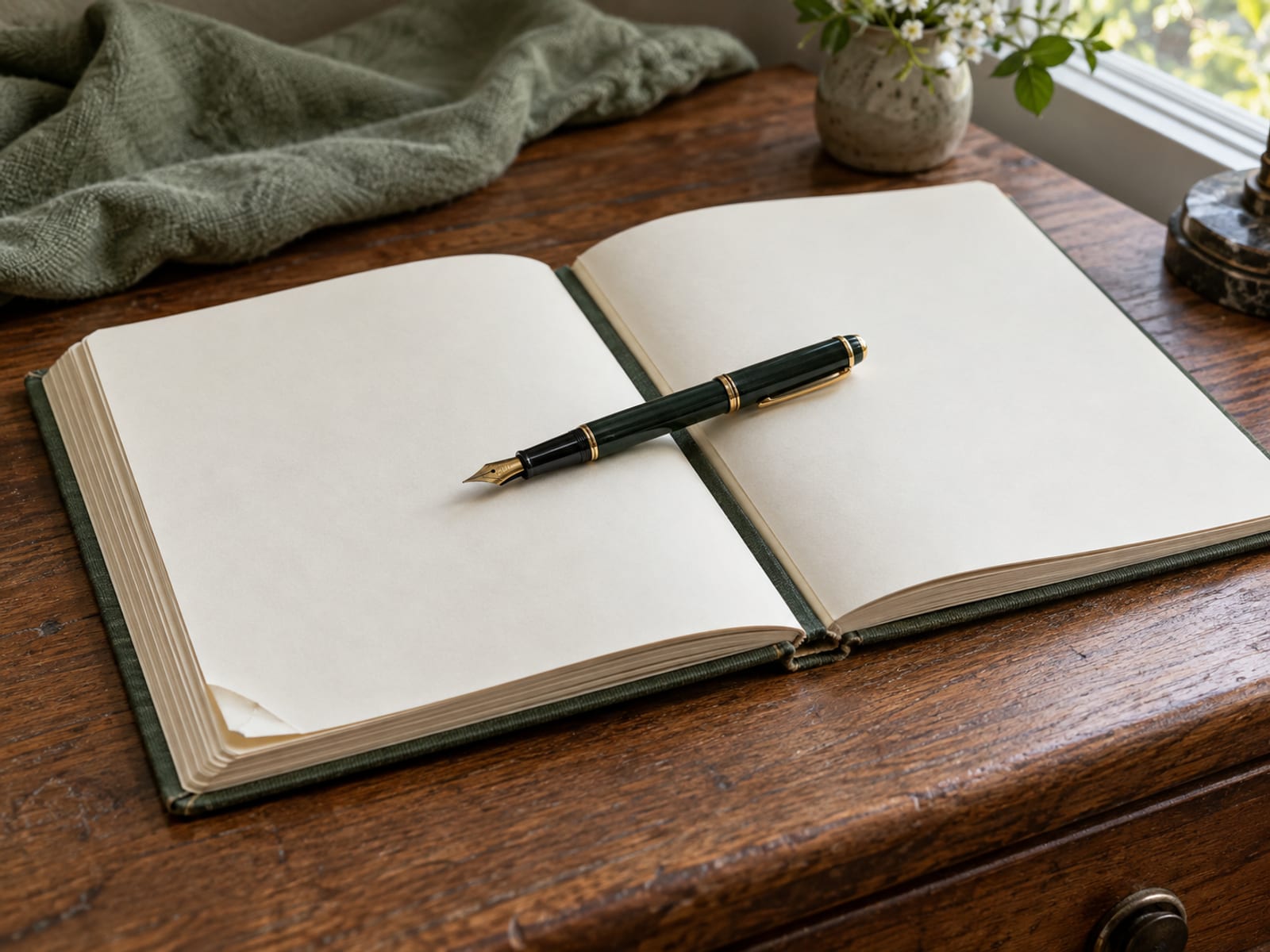 Two matching plain notebooks lying open and blank side by side on a desk with one fountain pen resting across both.