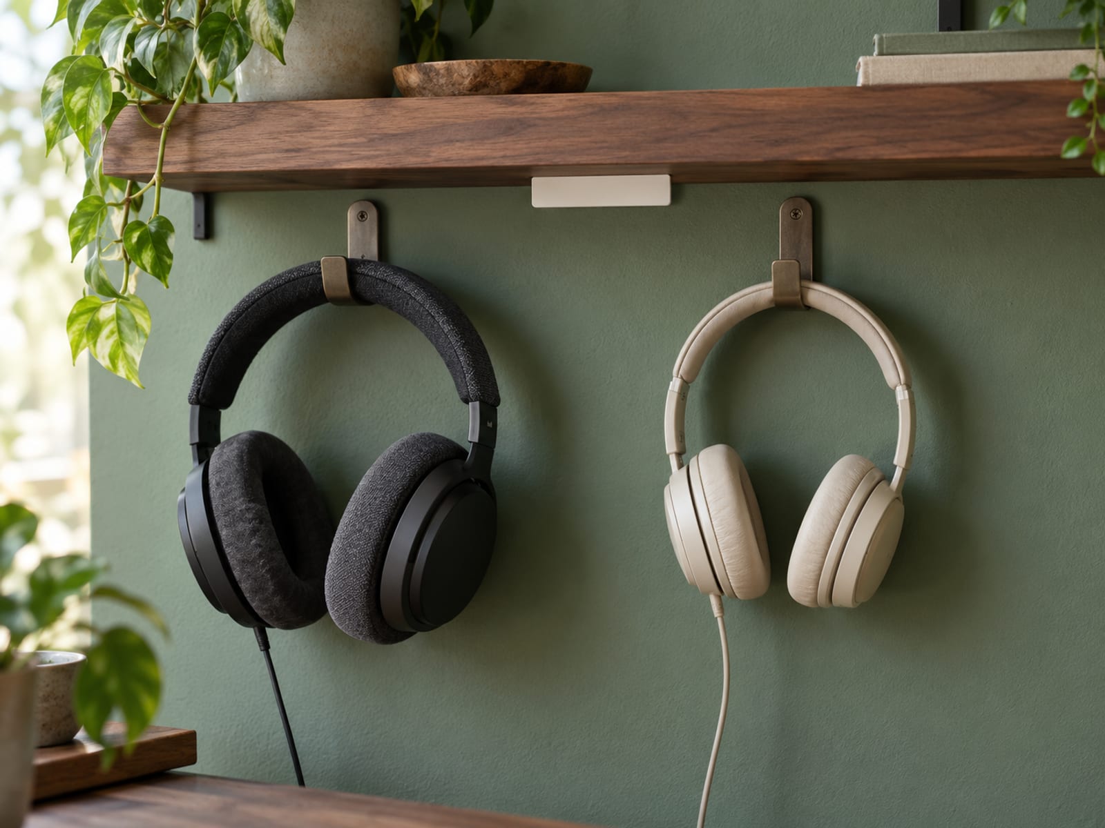 Two different pairs of headphones hanging side by side on hooks beneath one blank shelf label.