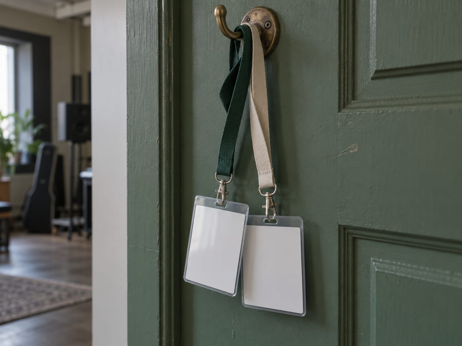 Two blank name badges on plain lanyards hanging from a single hook on a painted studio door.