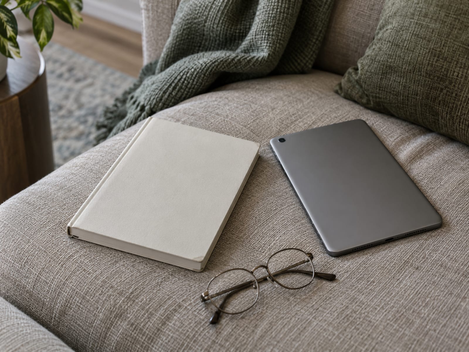 A closed plain notebook and a tablet lying face down on a sofa cushion beside a pair of folded reading glasses.