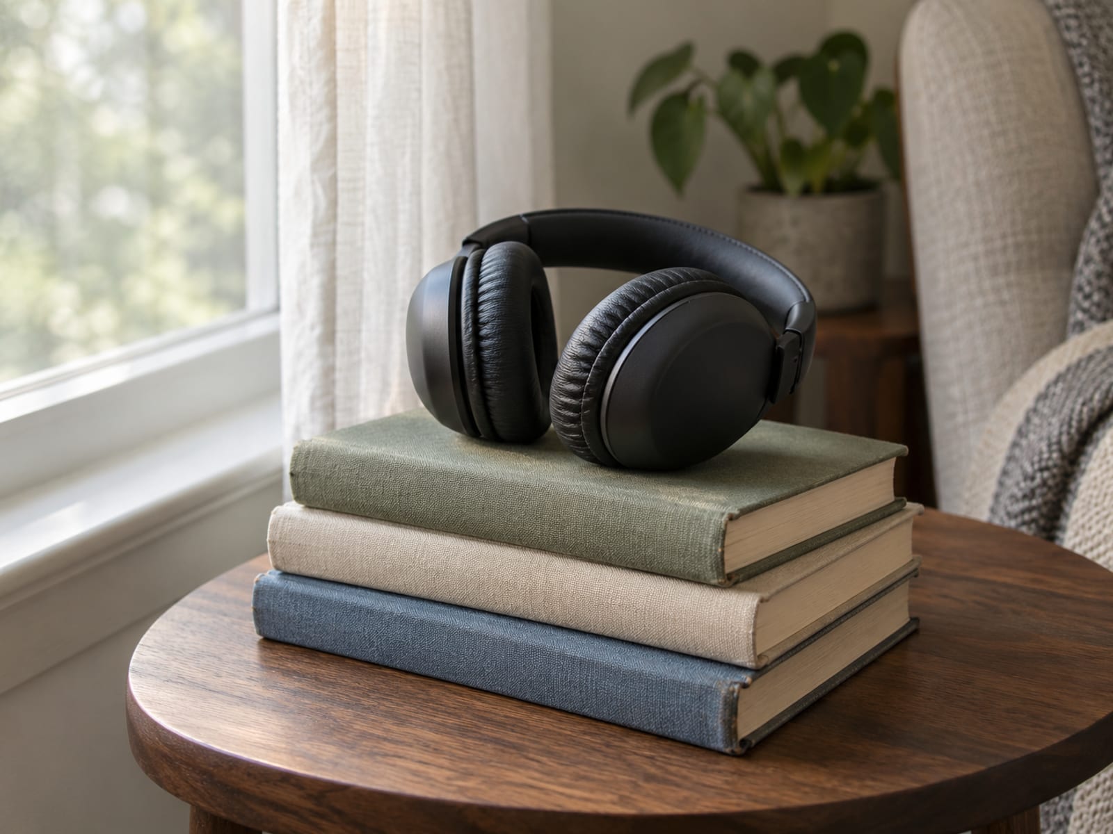Over-ear headphones resting on top of a stack of three plain books on a side table beside a window.