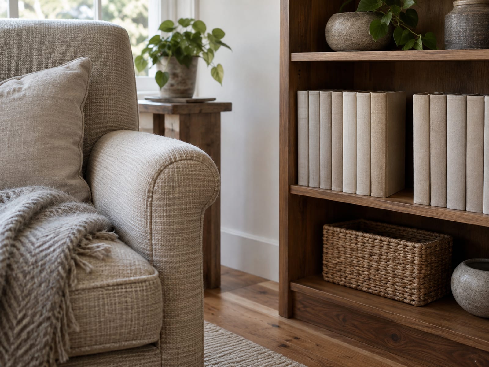 A fabric reading chair beside a bookshelf of matching plain-spined books with one gap in the row where a volume is missing.