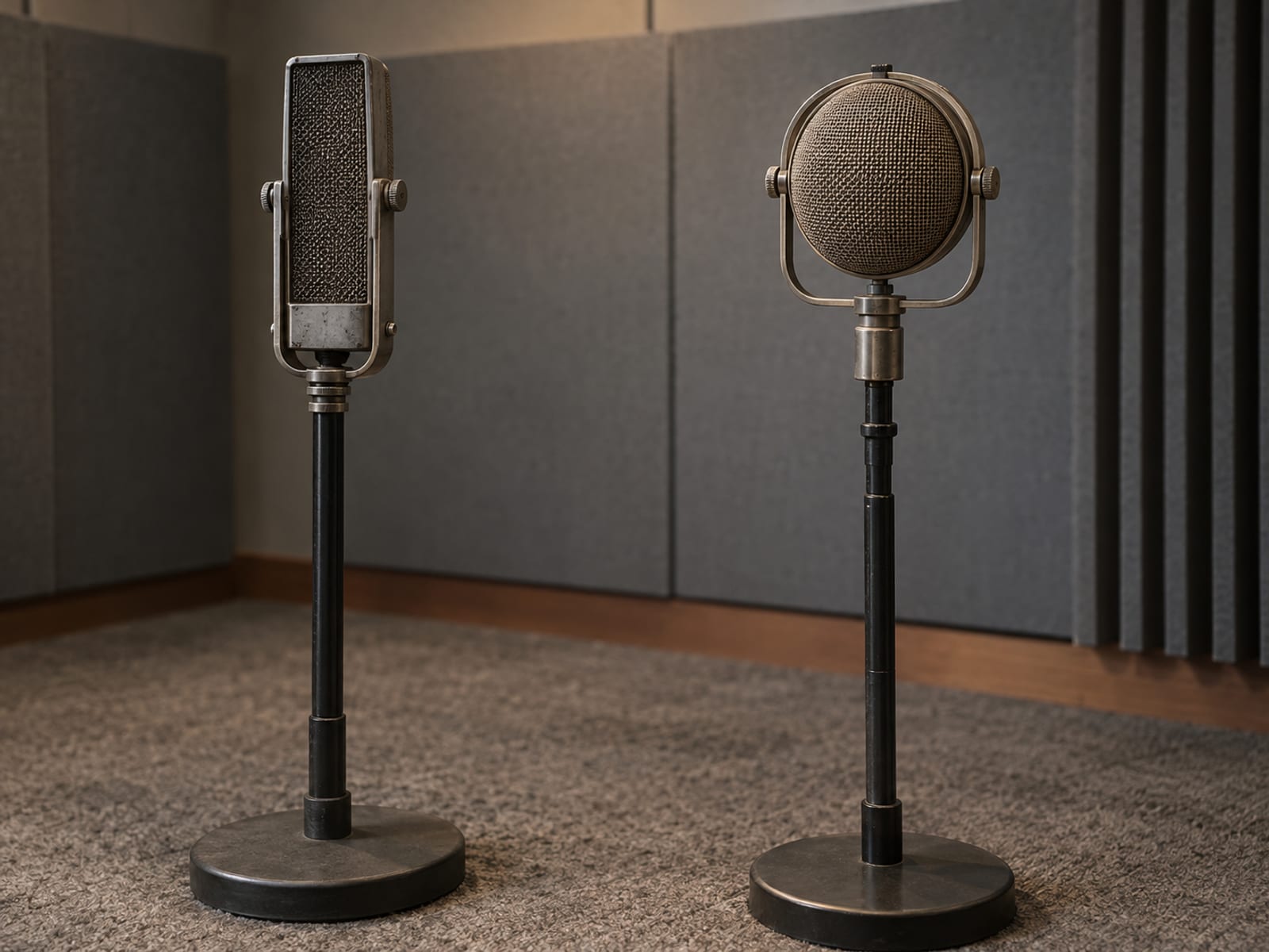 Two different vintage studio microphones on separate stands in an empty recording booth lined with acoustic foam panels.