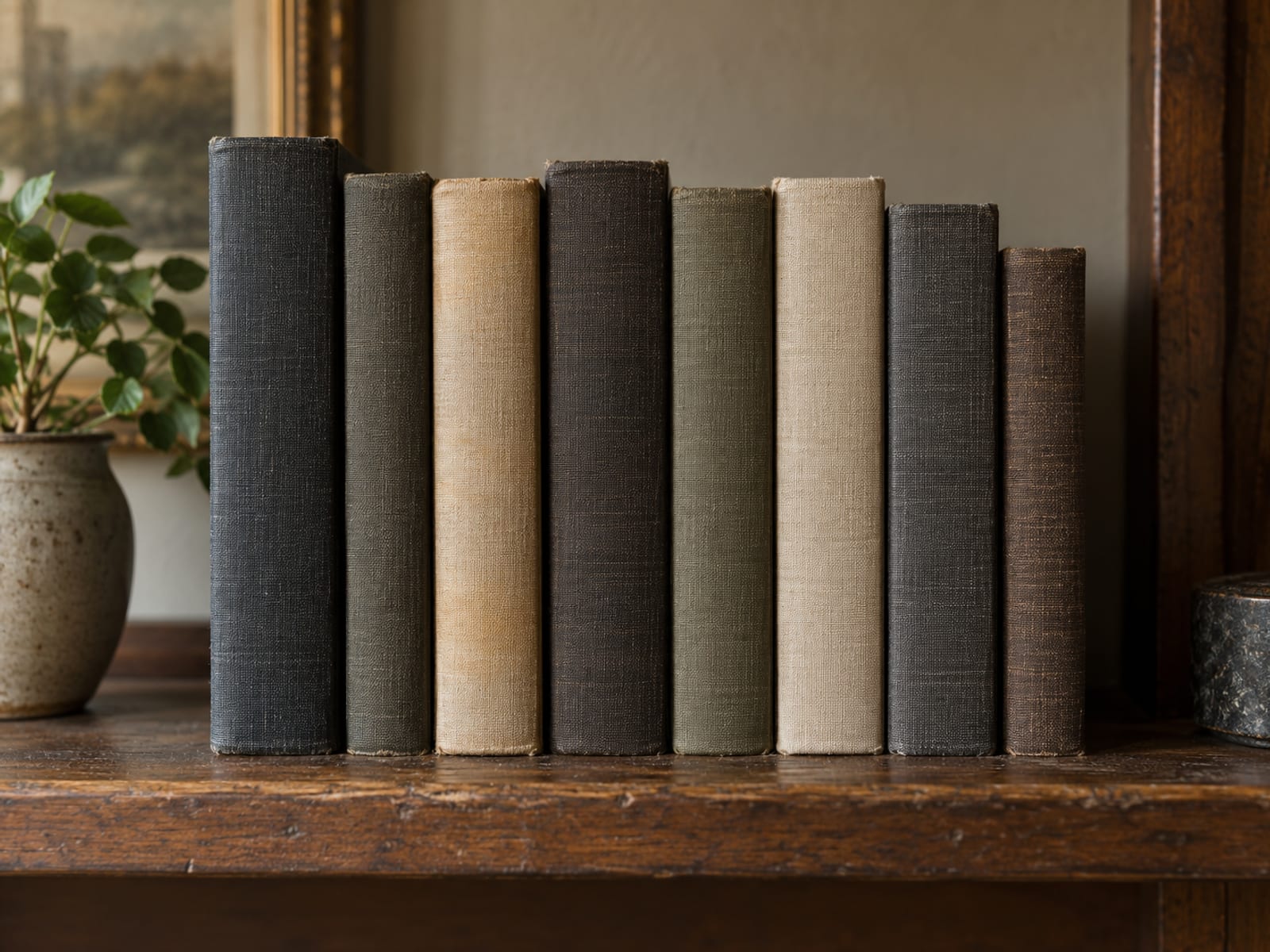 Eight plain hardback books of different thicknesses standing upright in a row on a weathered wooden shelf
