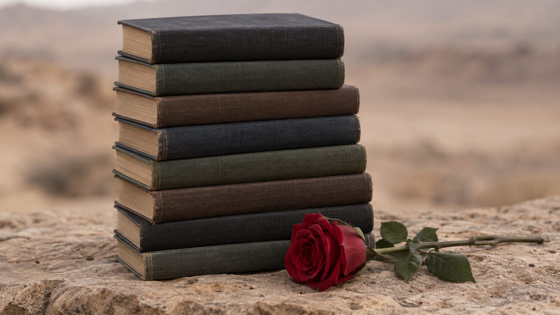 A tall stack of eight plain dark cloth-bound books on a pale desert-toned stone surface with a single rose lying across the base, in soft dusk light