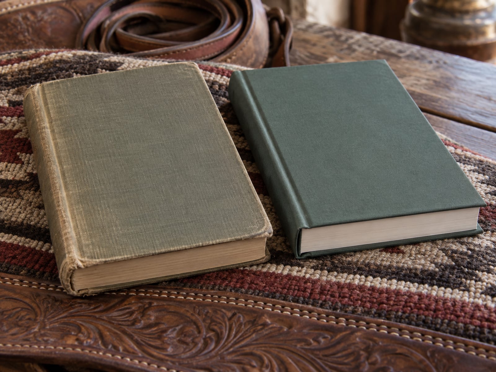 Two plain hardback books side by side on a leather saddle blanket, one older with a worn cloth spine and one crisp and new