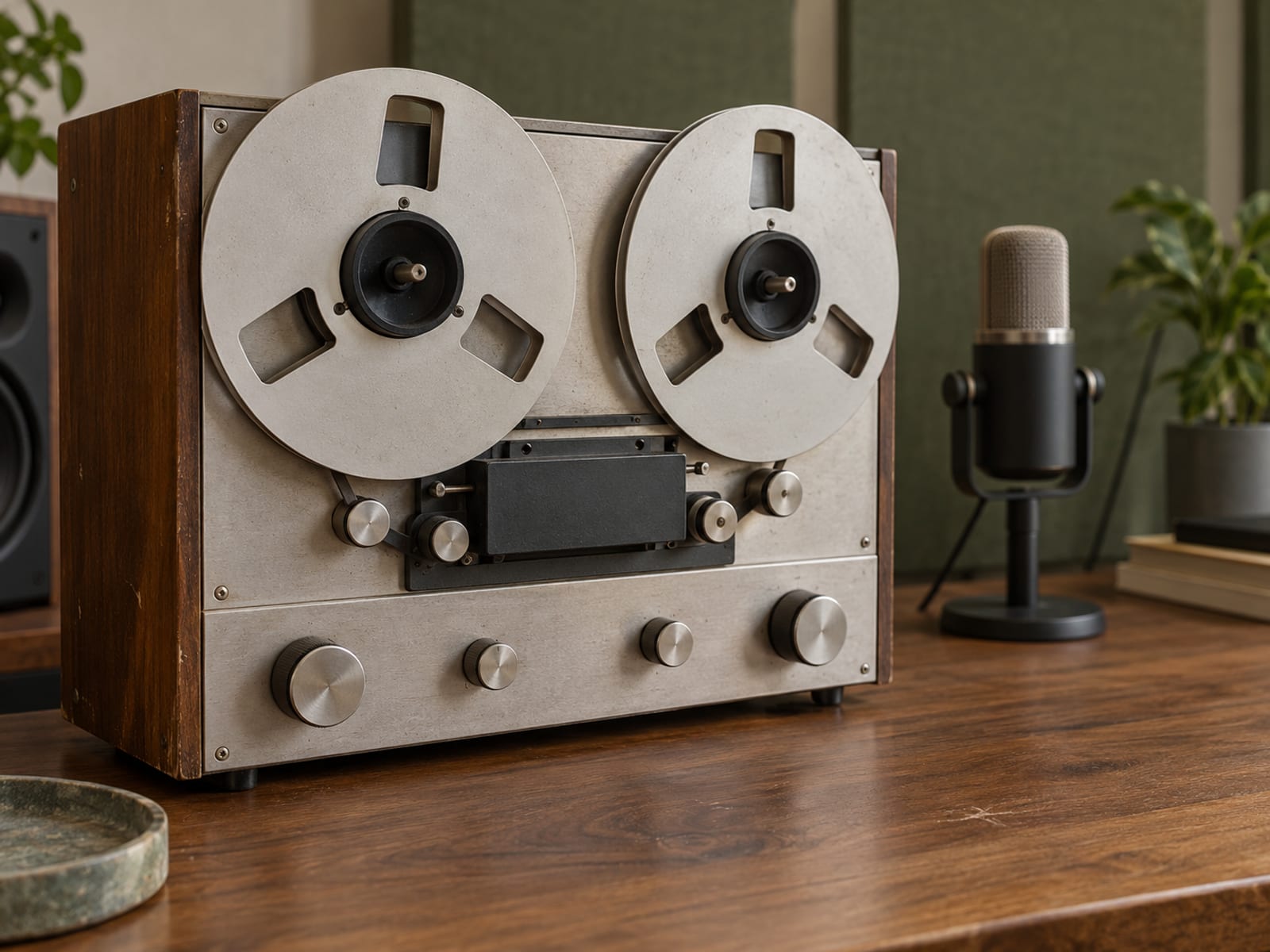 A vintage reel-to-reel tape recorder beside a modern compact microphone on a wooden studio table
