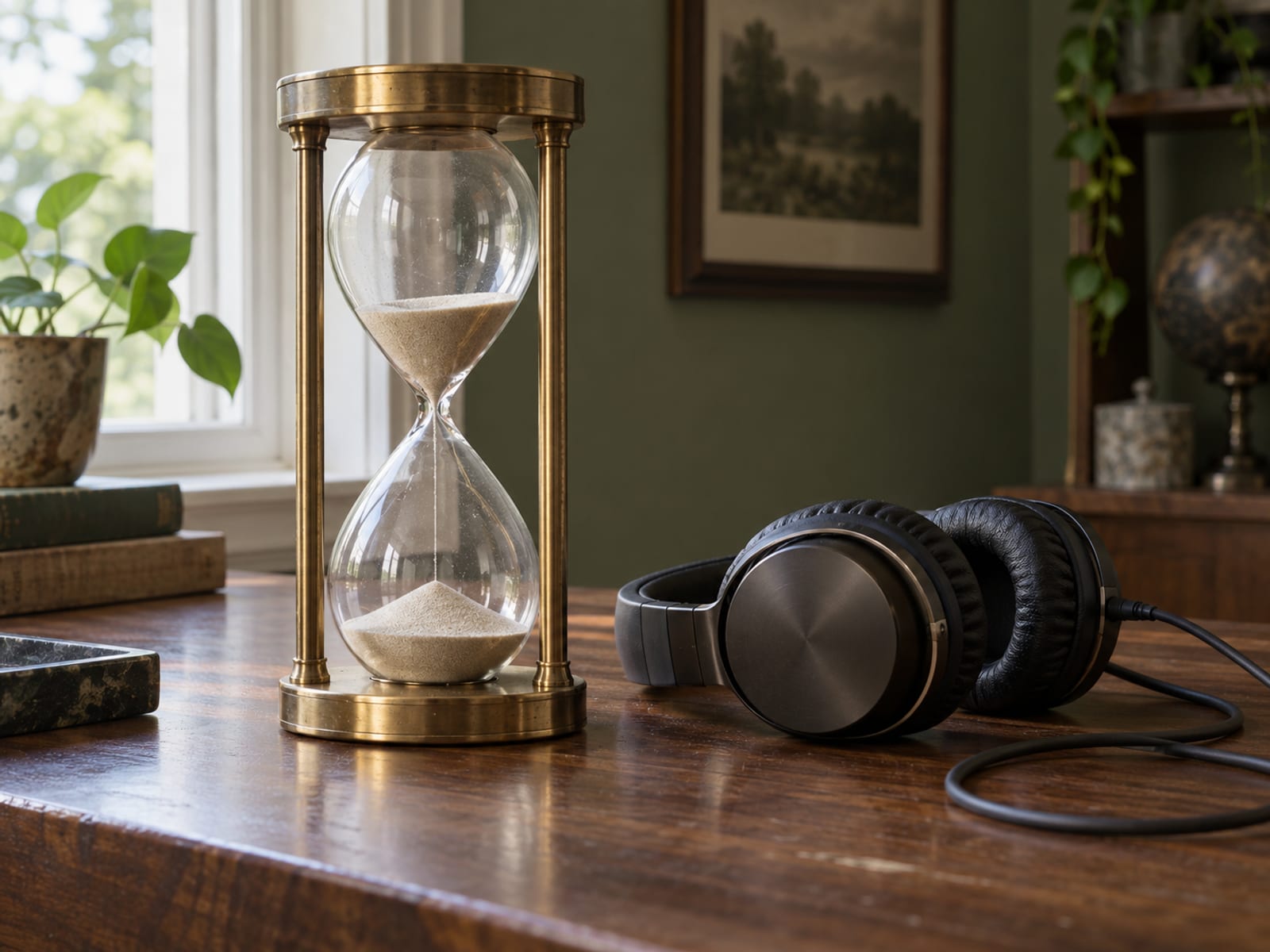 A large brass hourglass on a wooden desk beside a pair of over-ear headphones