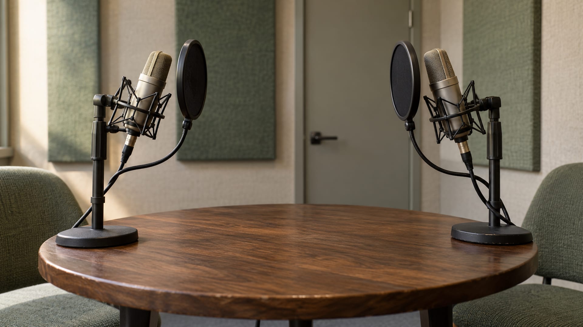 Two microphones on stands facing each other across a small round wooden table in a quiet, softly lit recording booth.