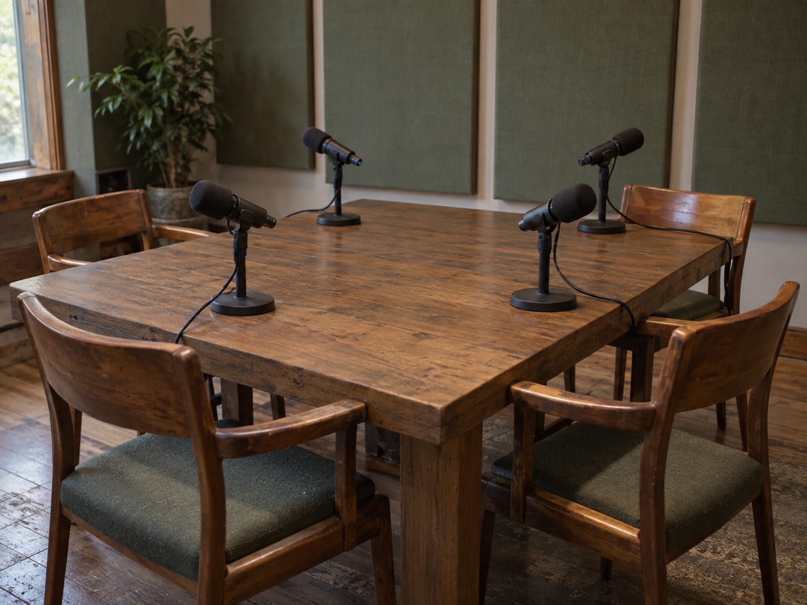 Four empty chairs around a table in a recording studio, each with a microphone on a stand in front of it.