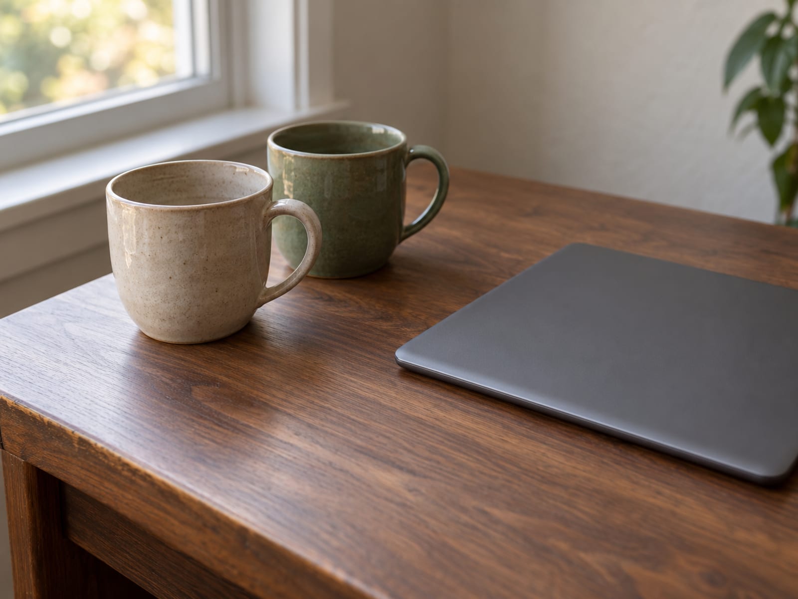 Two coffee cups in different colours on a wooden desk beside a tablet lying face down.