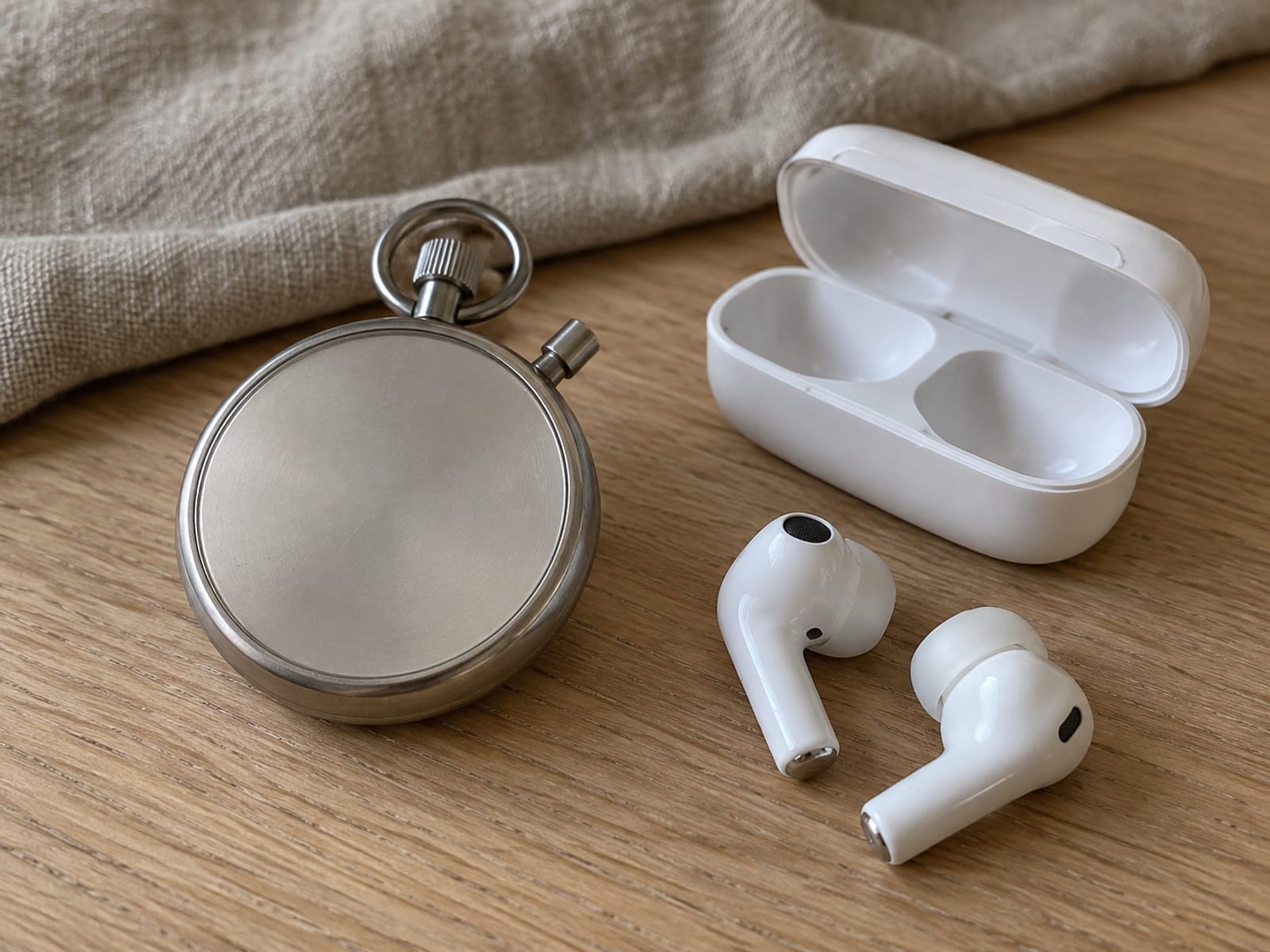 A small stopwatch with a blank face beside a pair of wireless earbuds and their open charging case.