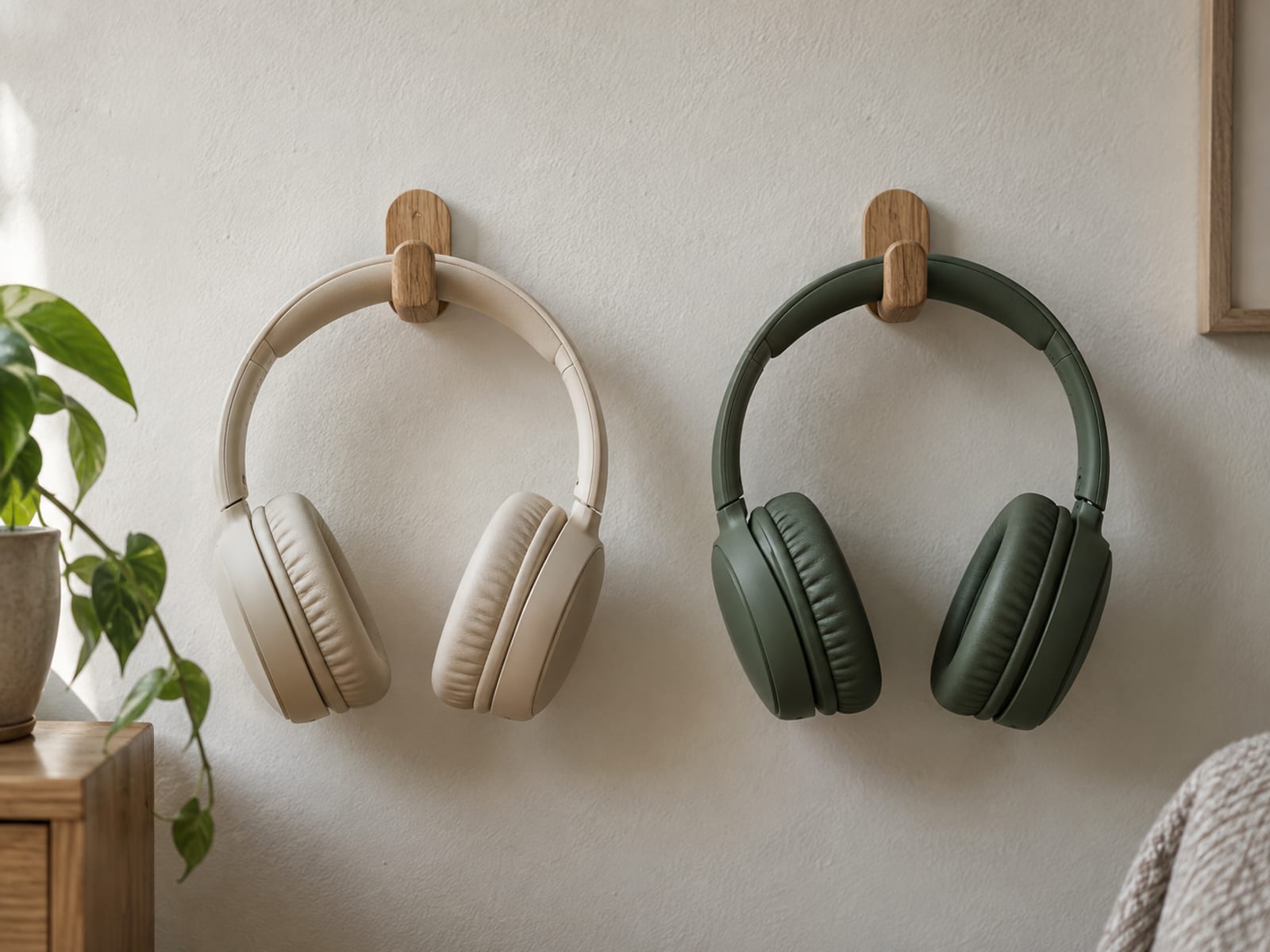 Two pairs of plain over-ear headphones hanging on separate hooks side by side on a pale wall.