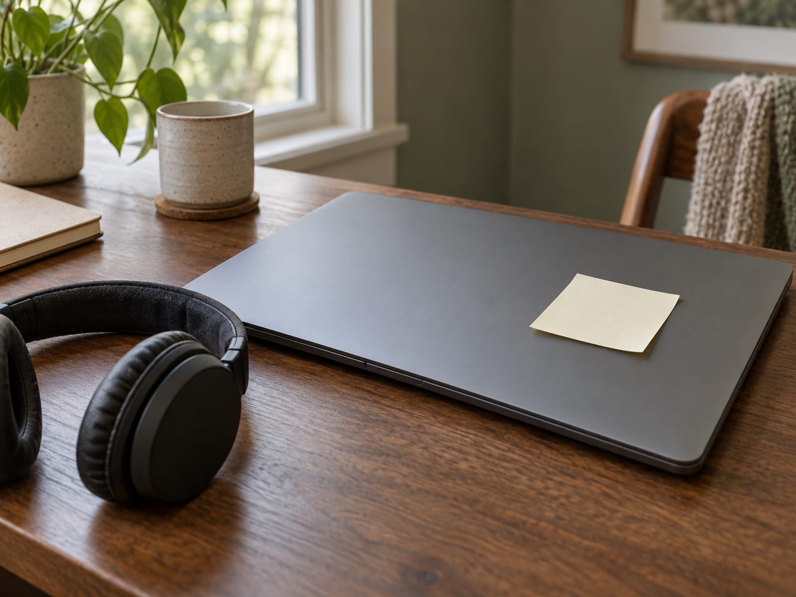 A tidy desk with a pair of headphones and a closed laptop with no logo, a single blank sticky note on the lid