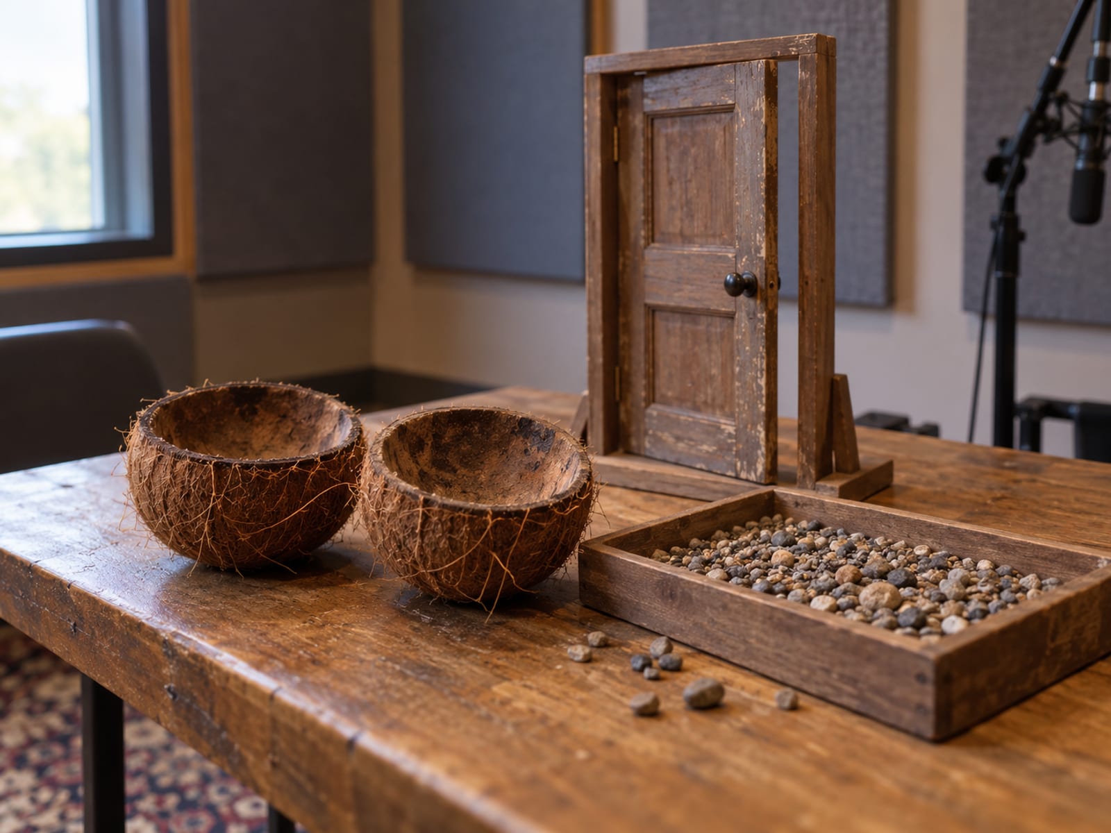 A sound effects table holding a small wooden door, a pair of coconut shells and a tray of gravel in soft studio light