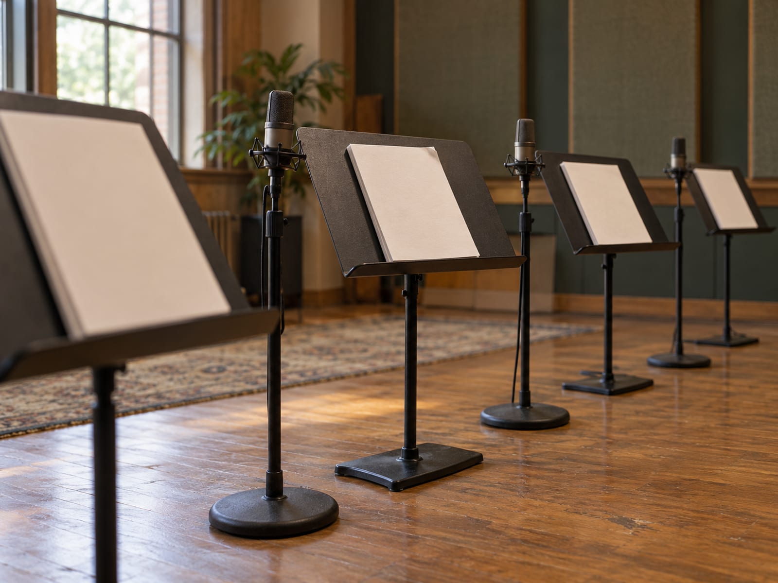 A row of music stands in a studio, each holding a closed plain script, with one microphone standing between each pair of stands