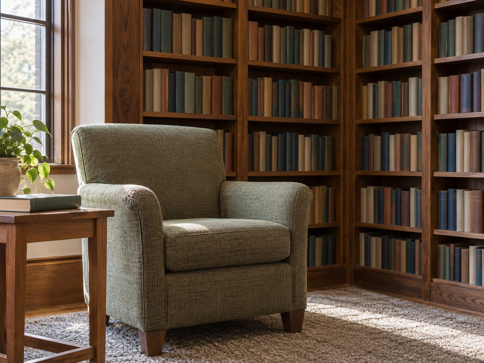 A public library corner with shelves of plain unlettered books and an empty armchair beside a small side table