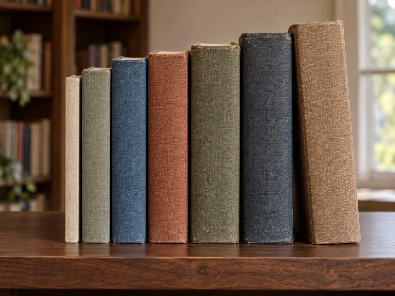Seven plain unlettered books standing upright on a wooden shelf in order of increasing thickness in warm library light