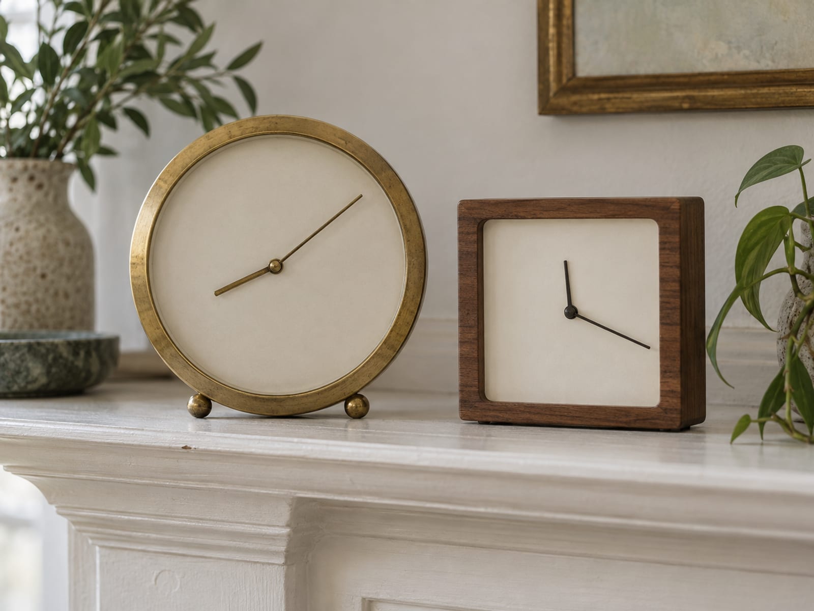 Two different analogue clocks with blank faces standing on a mantelpiece, showing different times