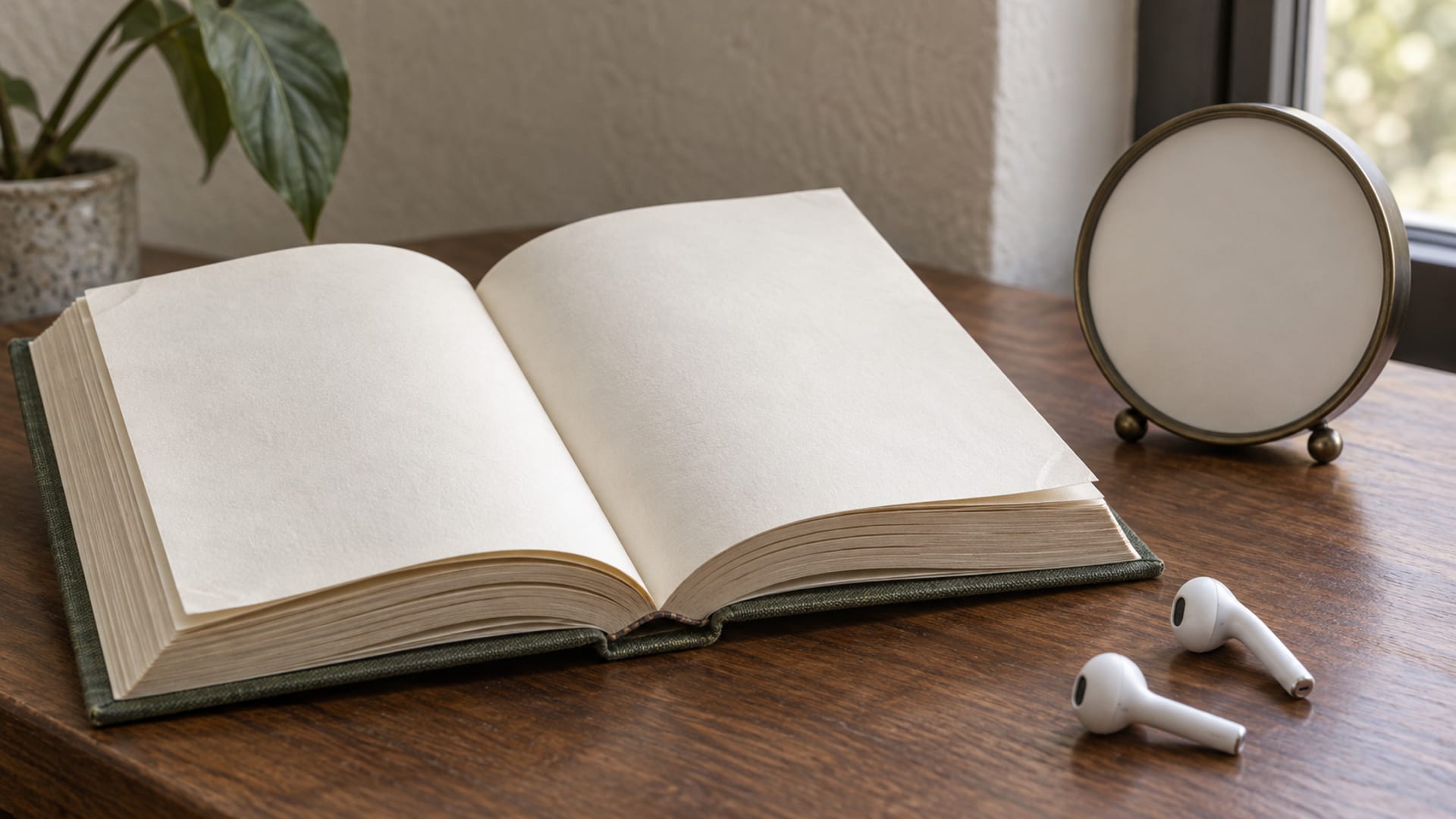 A thick open hardback with blank fanned pages on a wooden table beside a pair of white wireless earbuds and a round analogue clock with a blank face