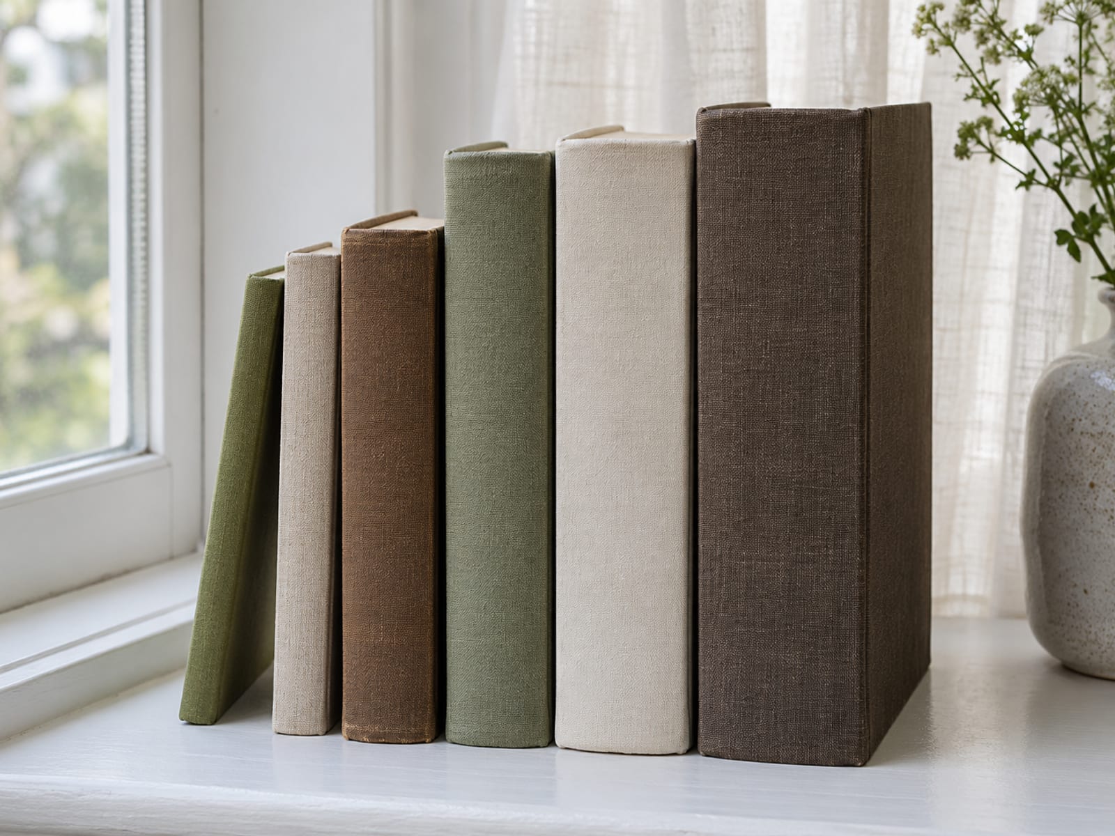 Six plain cloth-bound books of very different thicknesses lined up from thinnest to thickest on a white windowsill