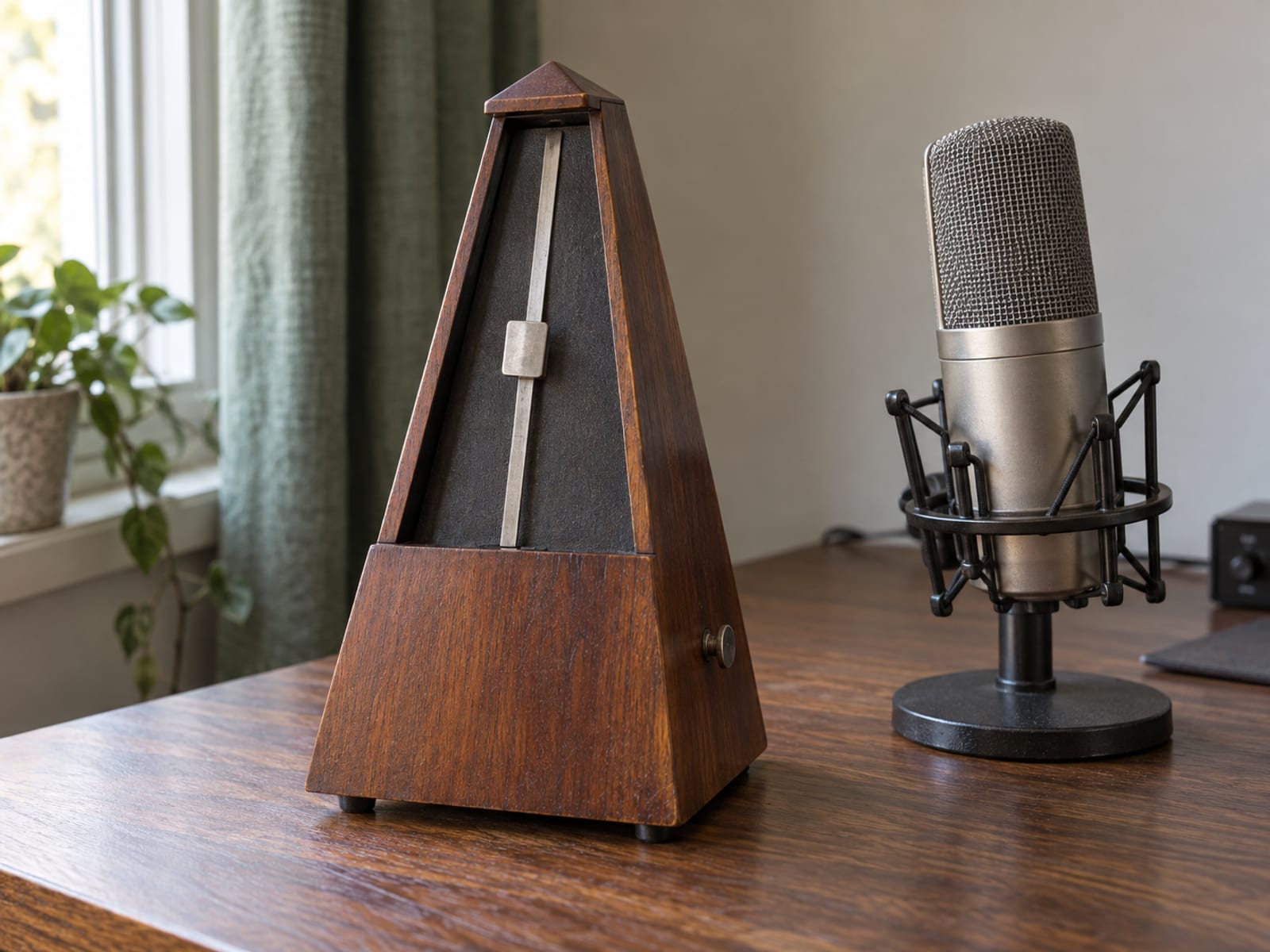 A wooden mechanical metronome on a desk next to a studio microphone on a short stand, with a blurred soft background
